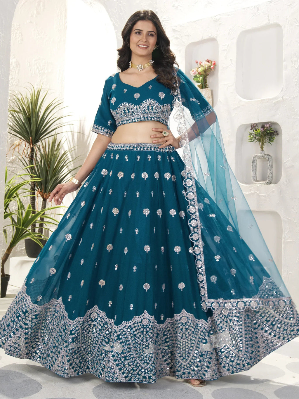 Enchanting Teal Blue Sequins Georgette Bridesmaid Lehenga Choli