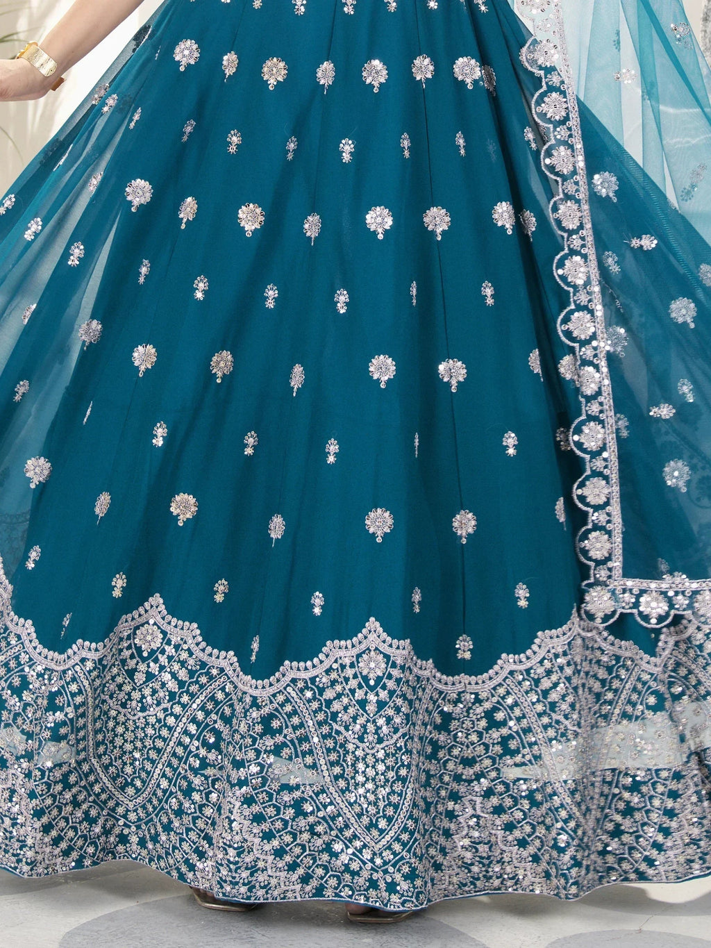 Enchanting Teal Blue Sequins Georgette Bridesmaid Lehenga Choli