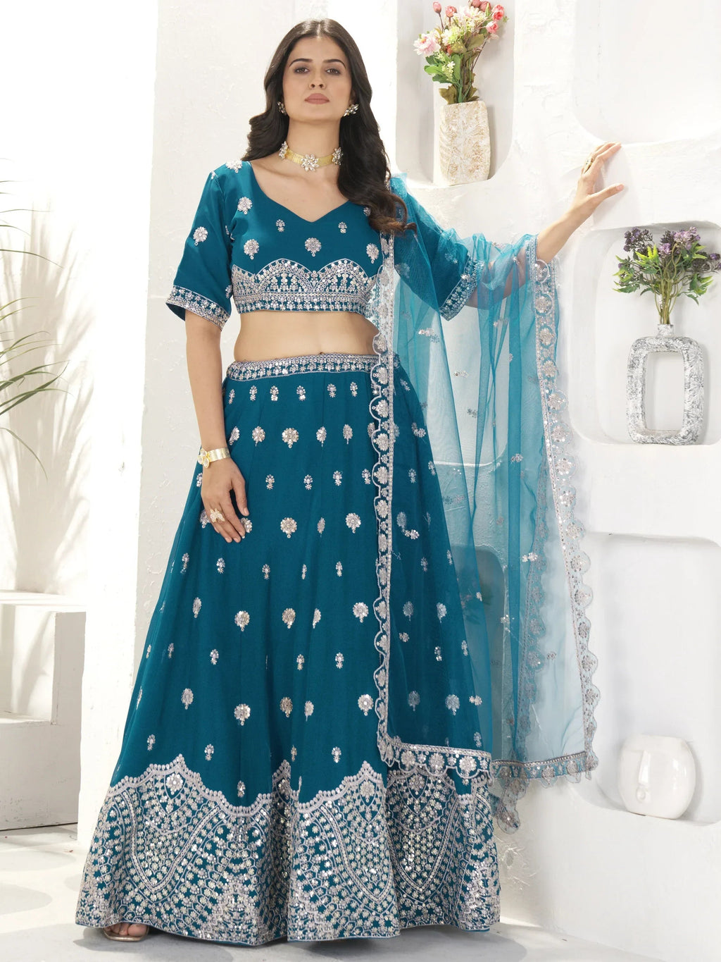 Enchanting Teal Blue Sequins Georgette Bridesmaid Lehenga Choli