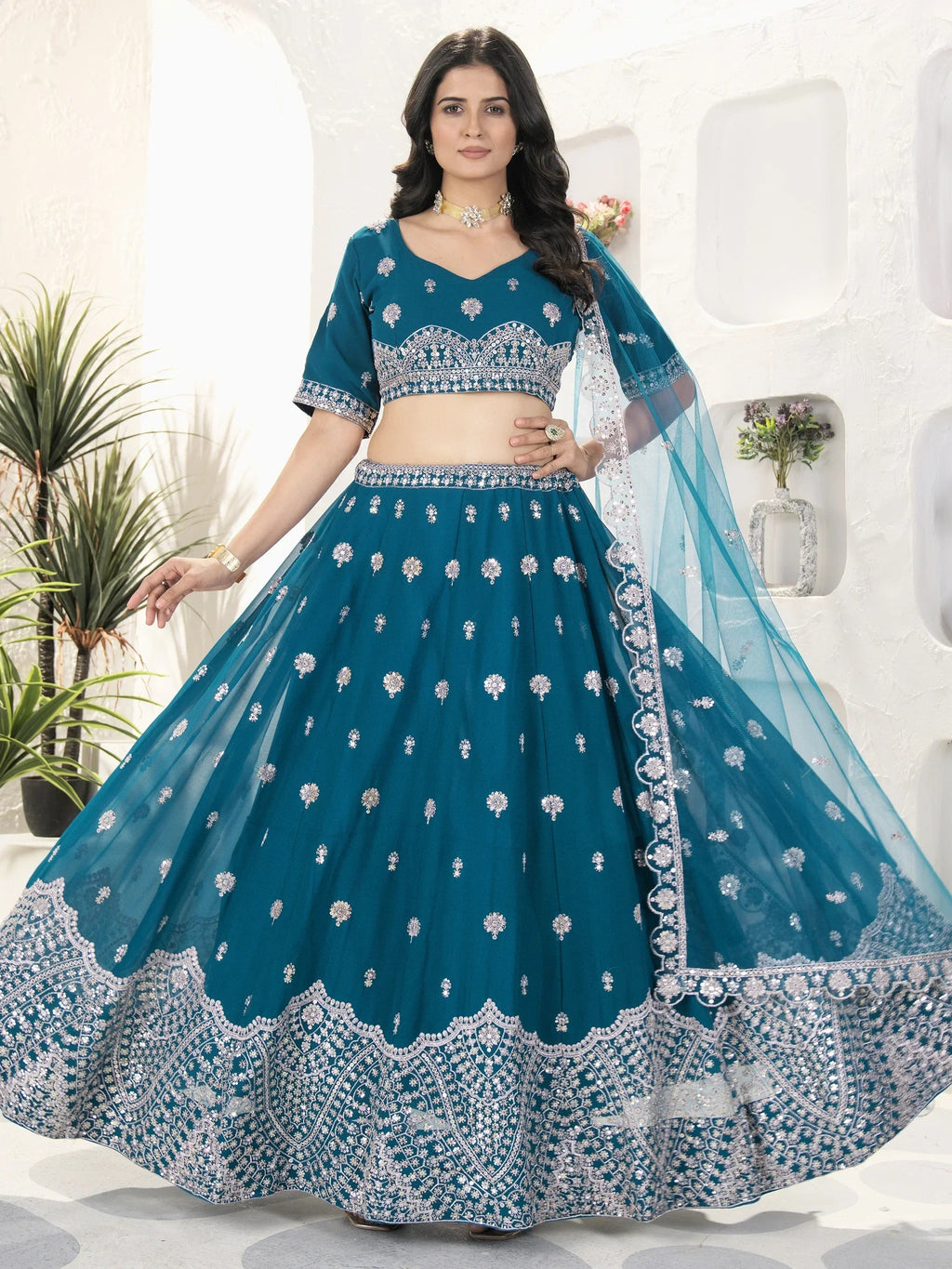 Enchanting Teal Blue Sequins Georgette Bridesmaid Lehenga Choli