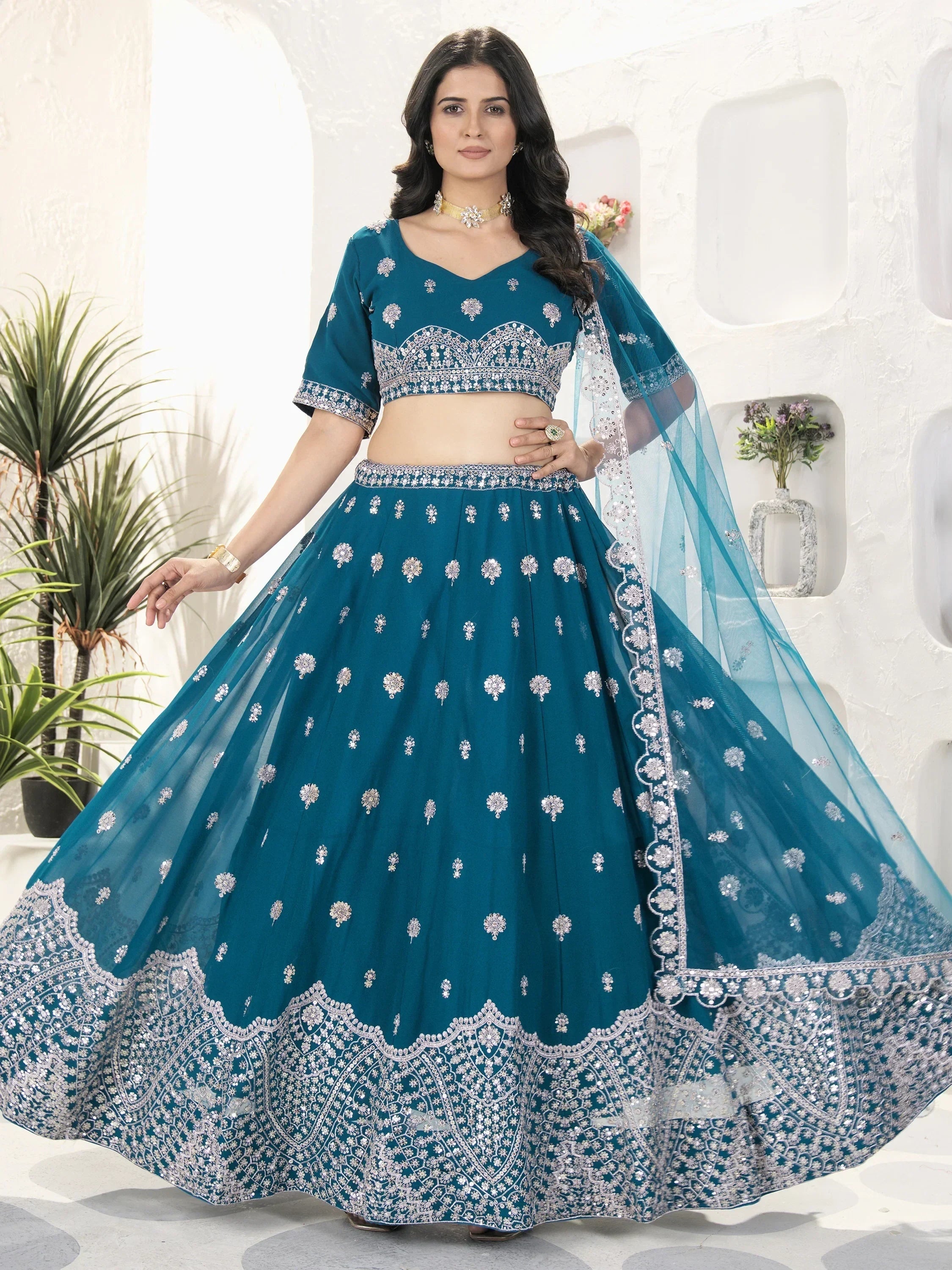 Enchanting Teal Blue Sequins Georgette Bridesmaid Lehenga Choli