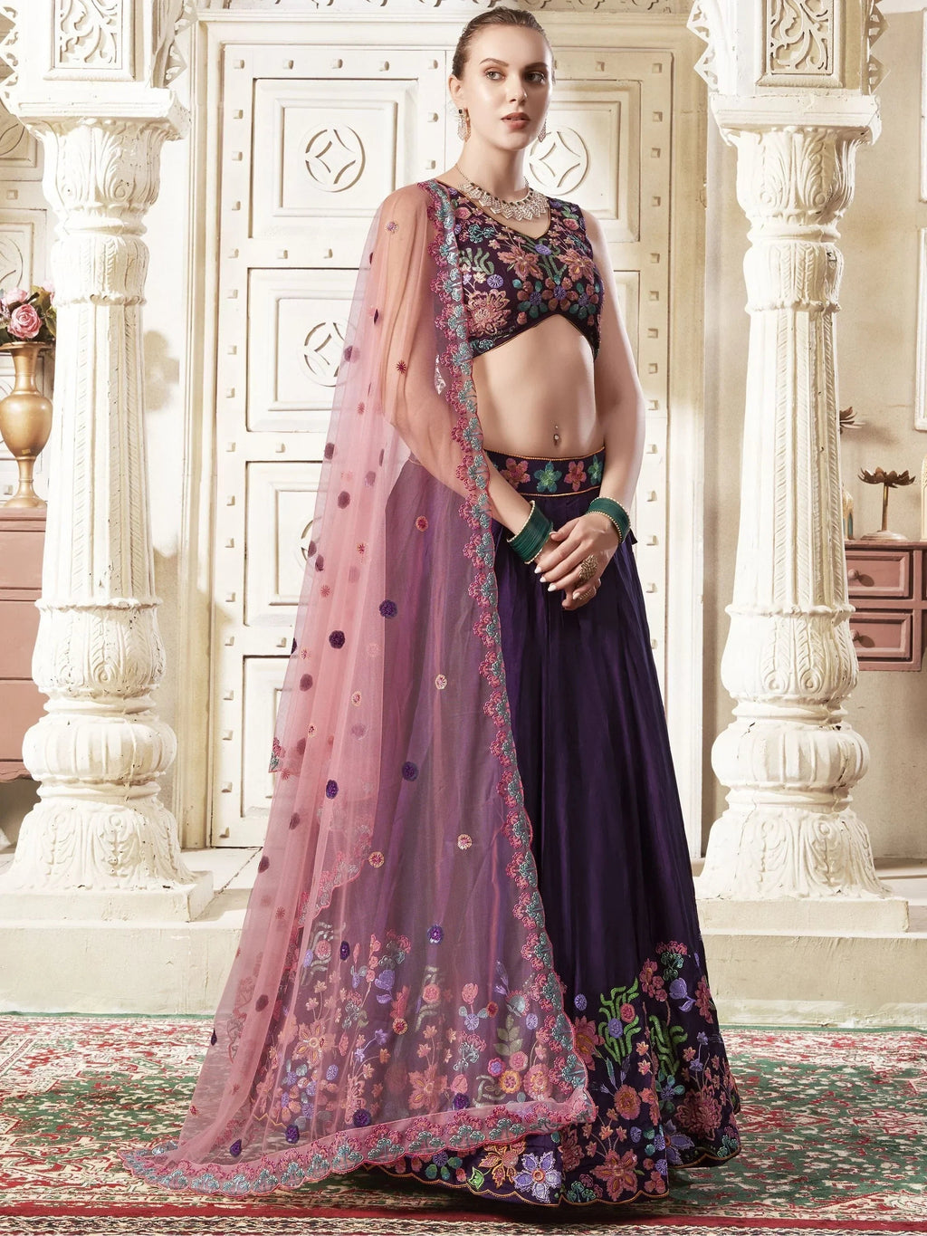 Endearing Purple Color Sequins Work Silk Wedding Wear Lehenga Choli