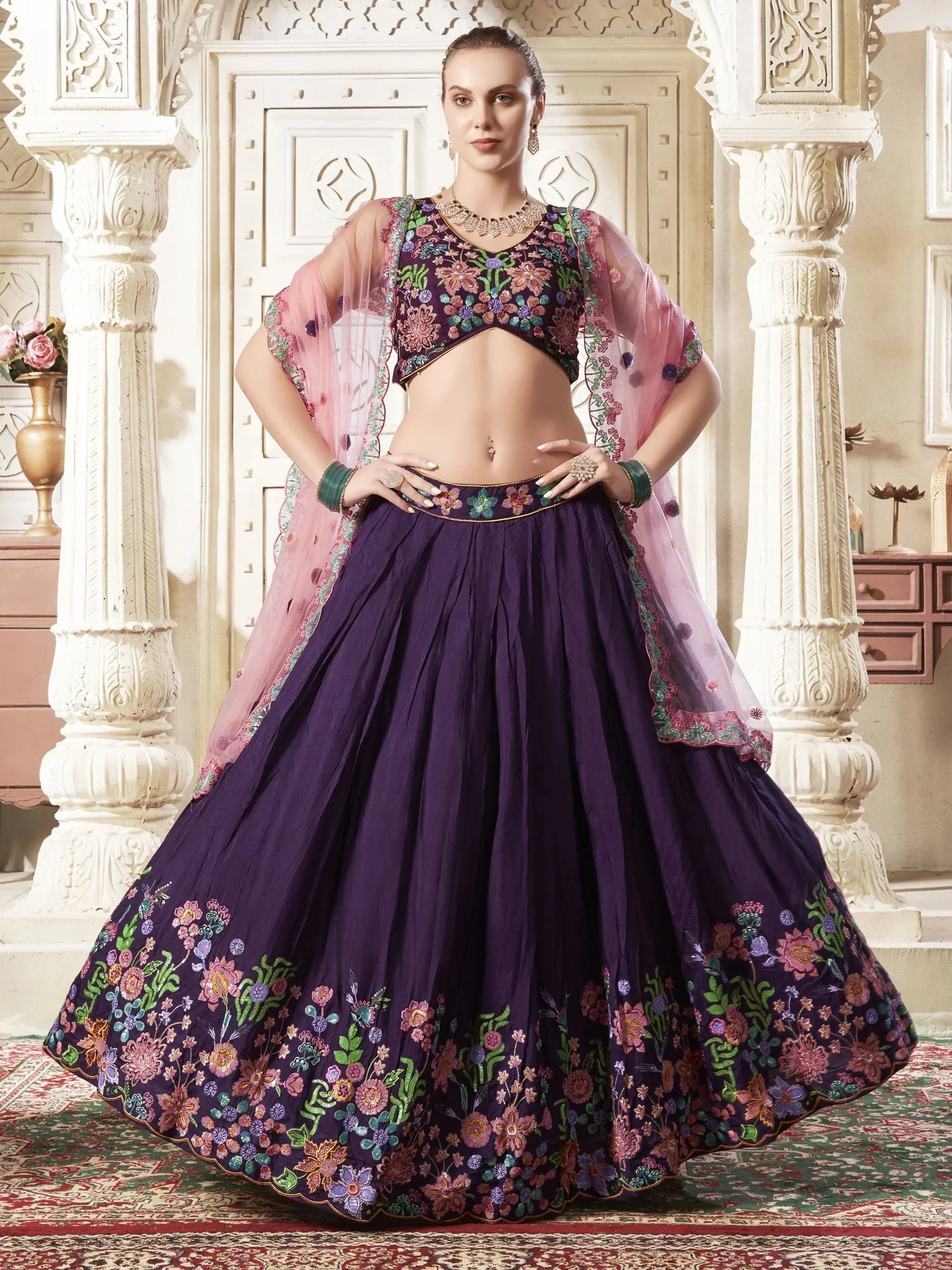 Endearing Purple Color Sequins Work Silk Wedding Wear Lehenga Choli