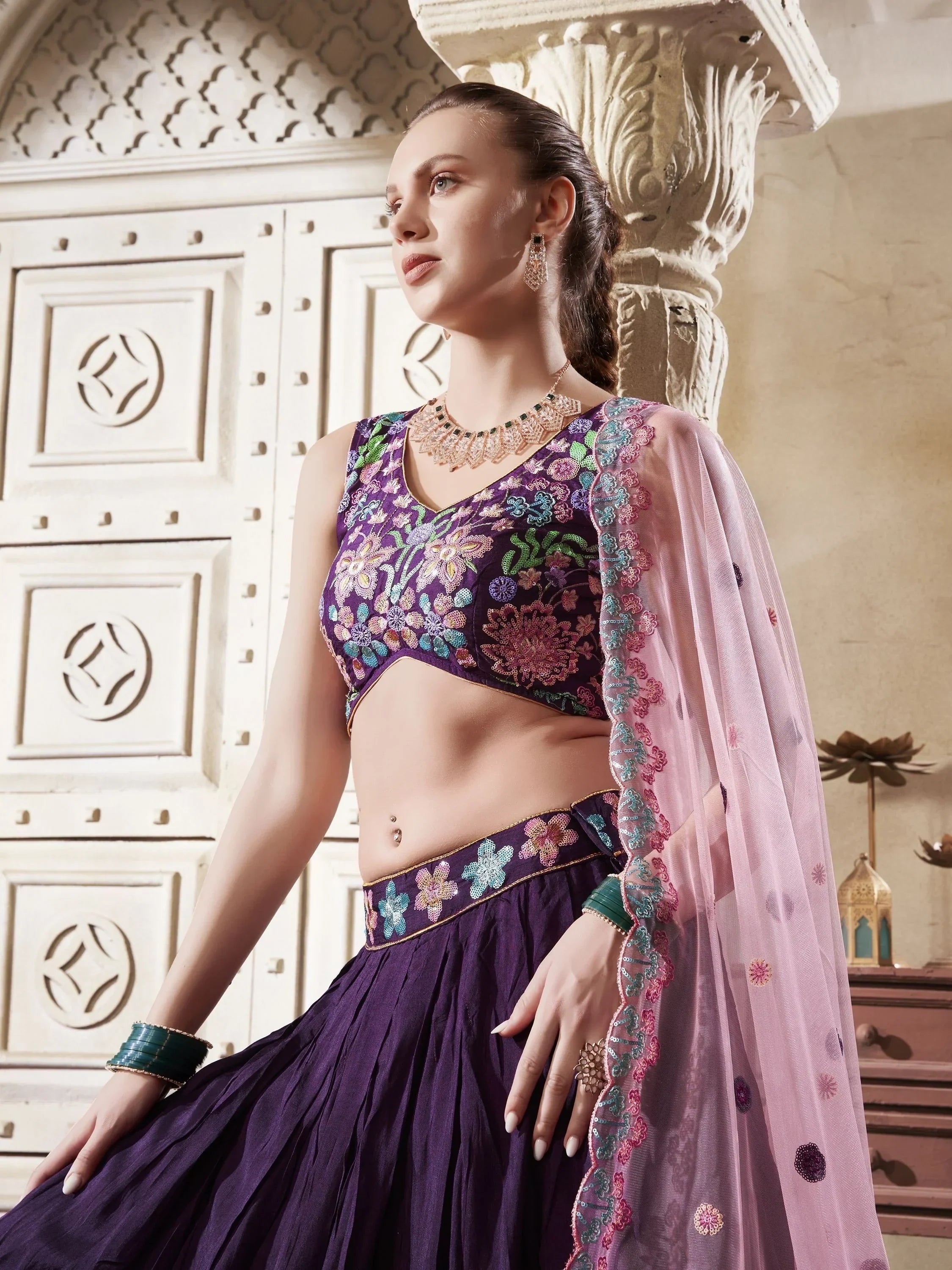 Endearing Purple Color Sequins Work Silk Wedding Wear Lehenga Choli