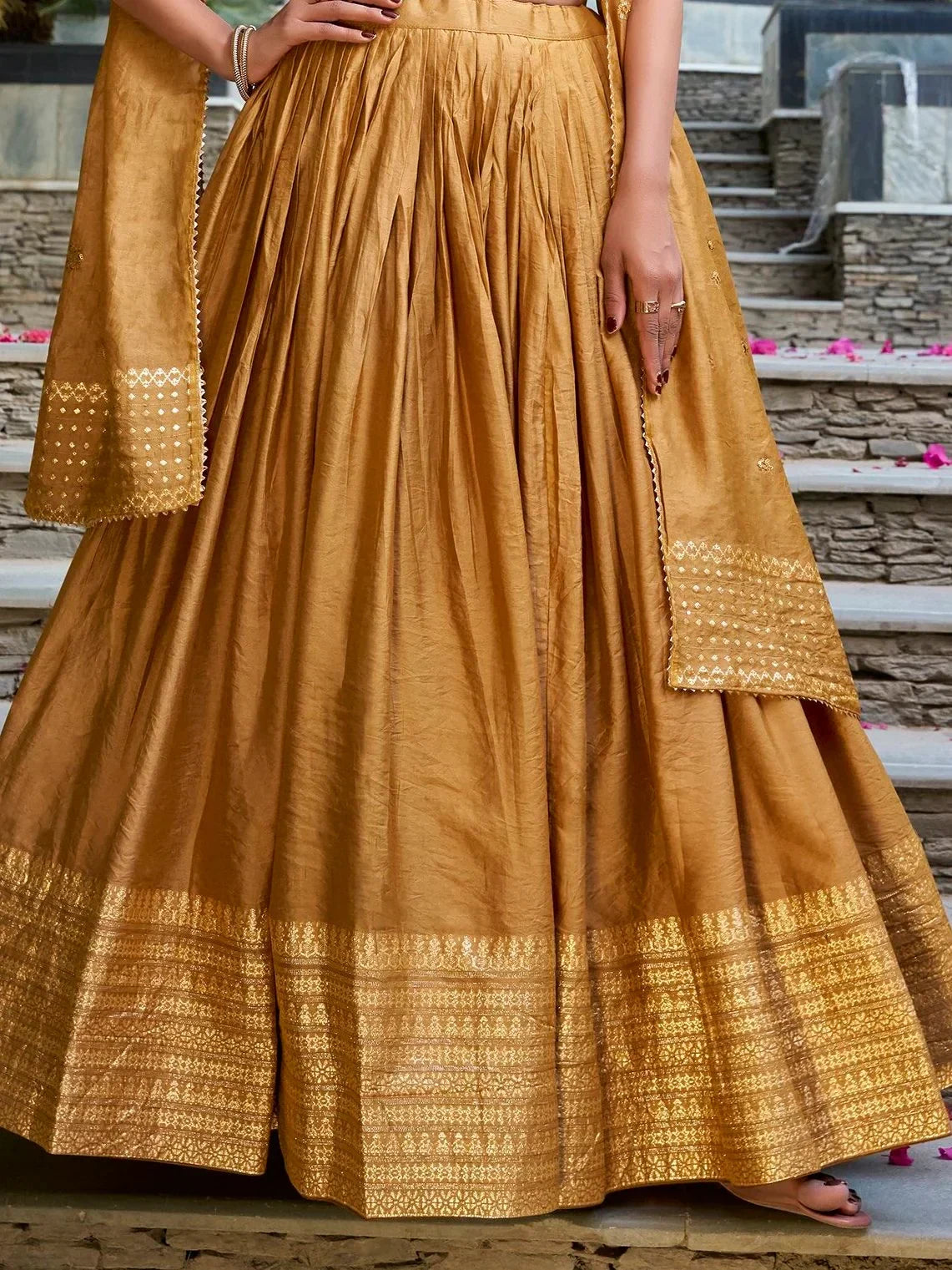 Mustard Awesome Zari Weaving Chanderi Silk Festive Wear Lehenga Choli