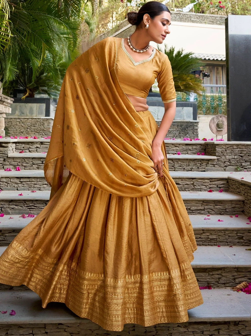 Mustard Awesome Zari Weaving Chanderi Silk Festive Wear Lehenga Choli