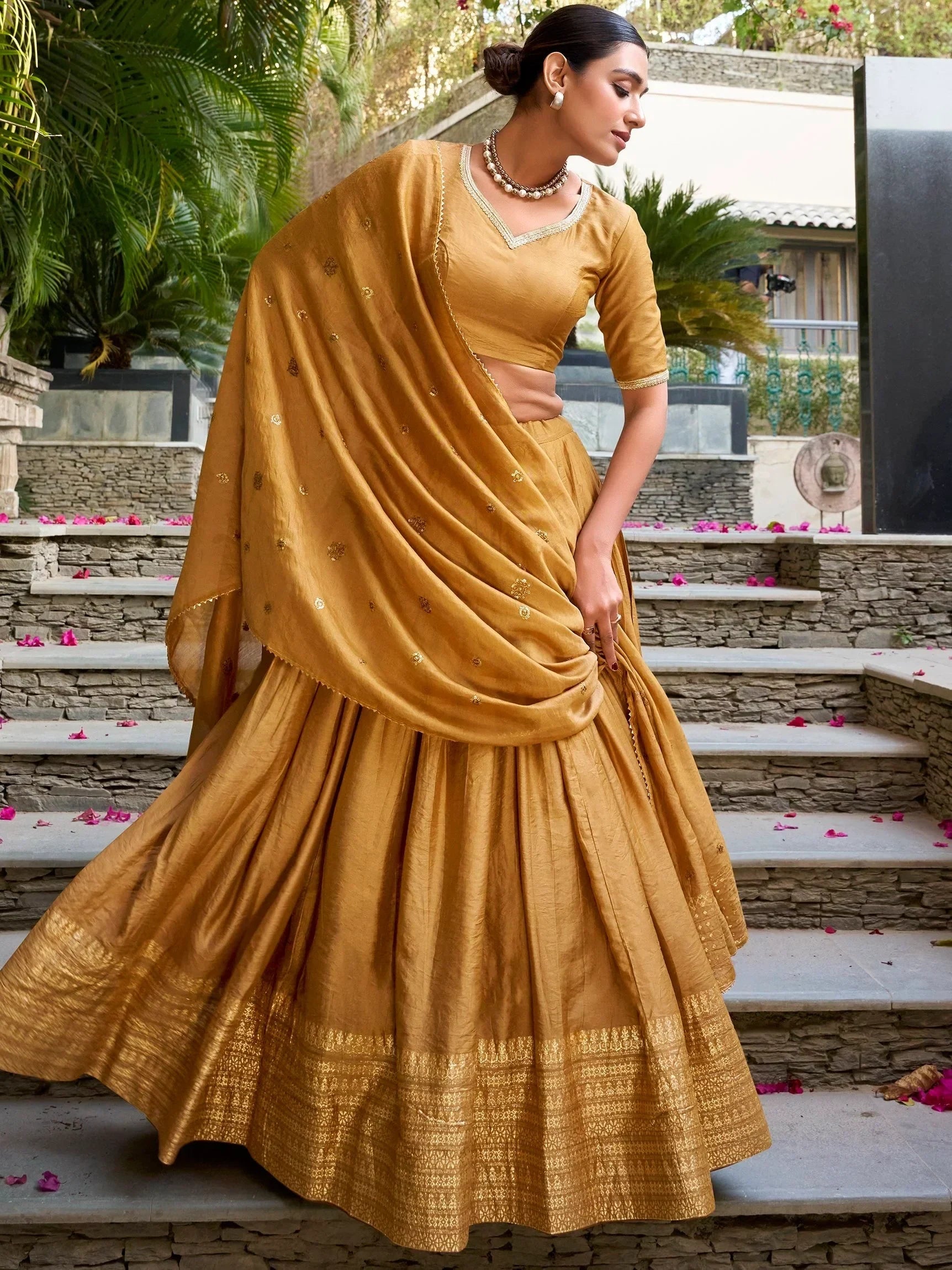 Mustard Awesome Zari Weaving Chanderi Silk Festive Wear Lehenga Choli