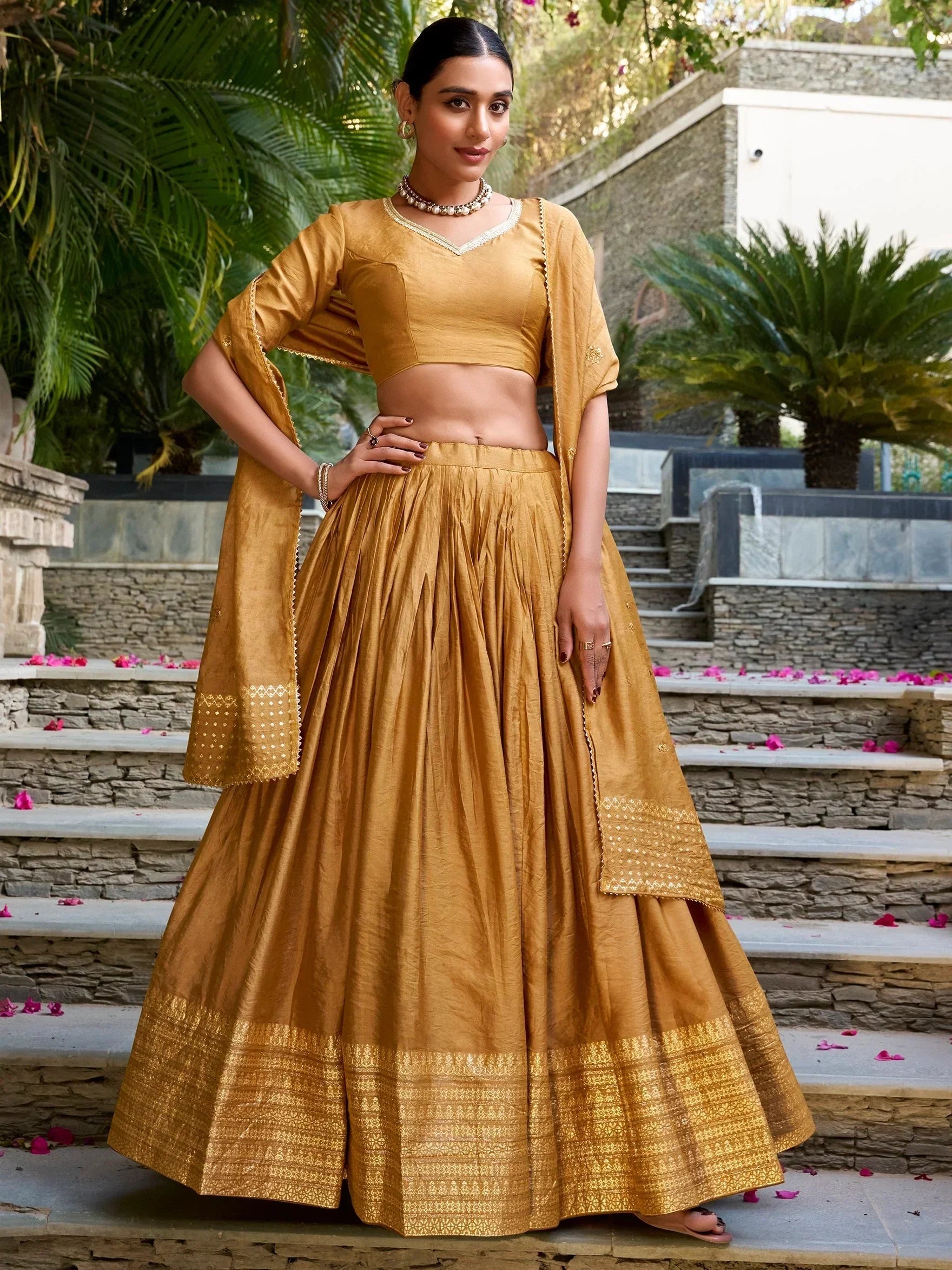 Mustard Awesome Zari Weaving Chanderi Silk Festive Wear Lehenga Choli