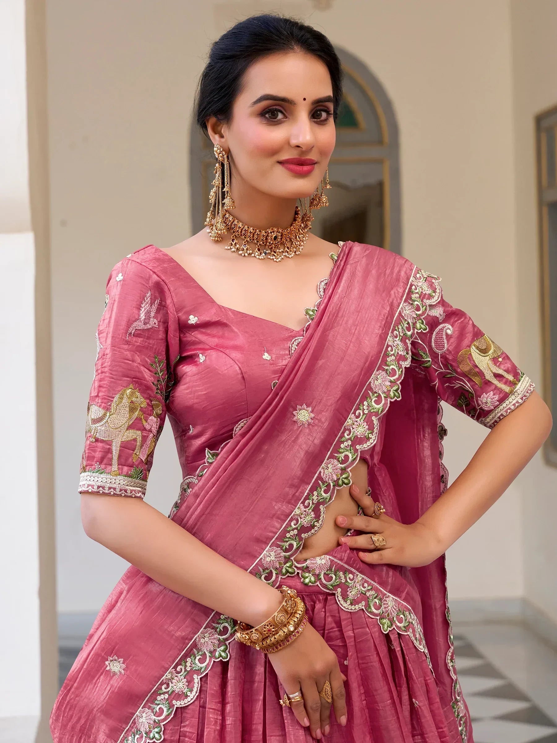 Pink Incredible Thread Embroidery Festival Wear Lehenga Choli