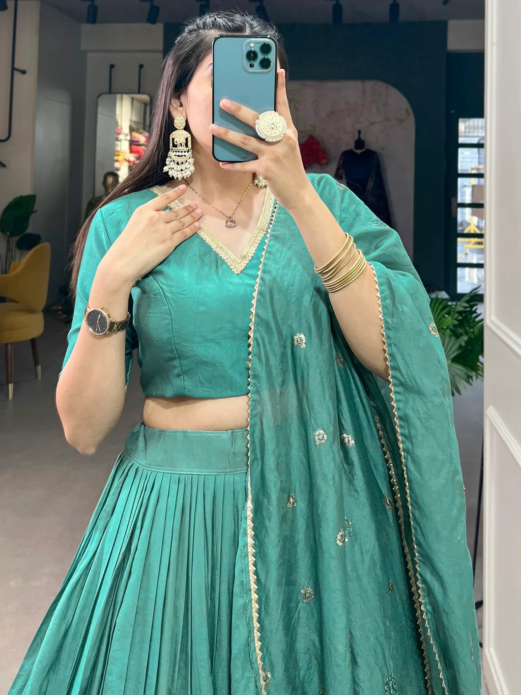 Excellent Sea Green Zari Weaving Chanderi Silk Festive Wear Lehenga Choli