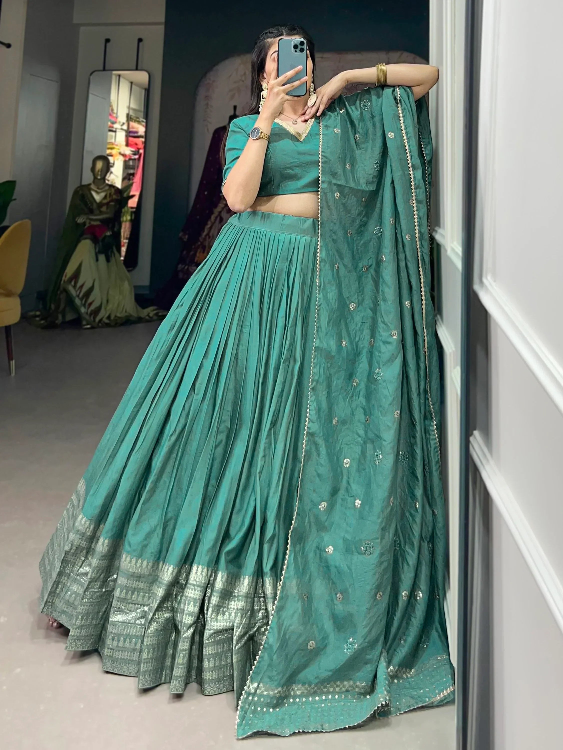 Excellent Sea Green Zari Weaving Chanderi Silk Festive Wear Lehenga Choli