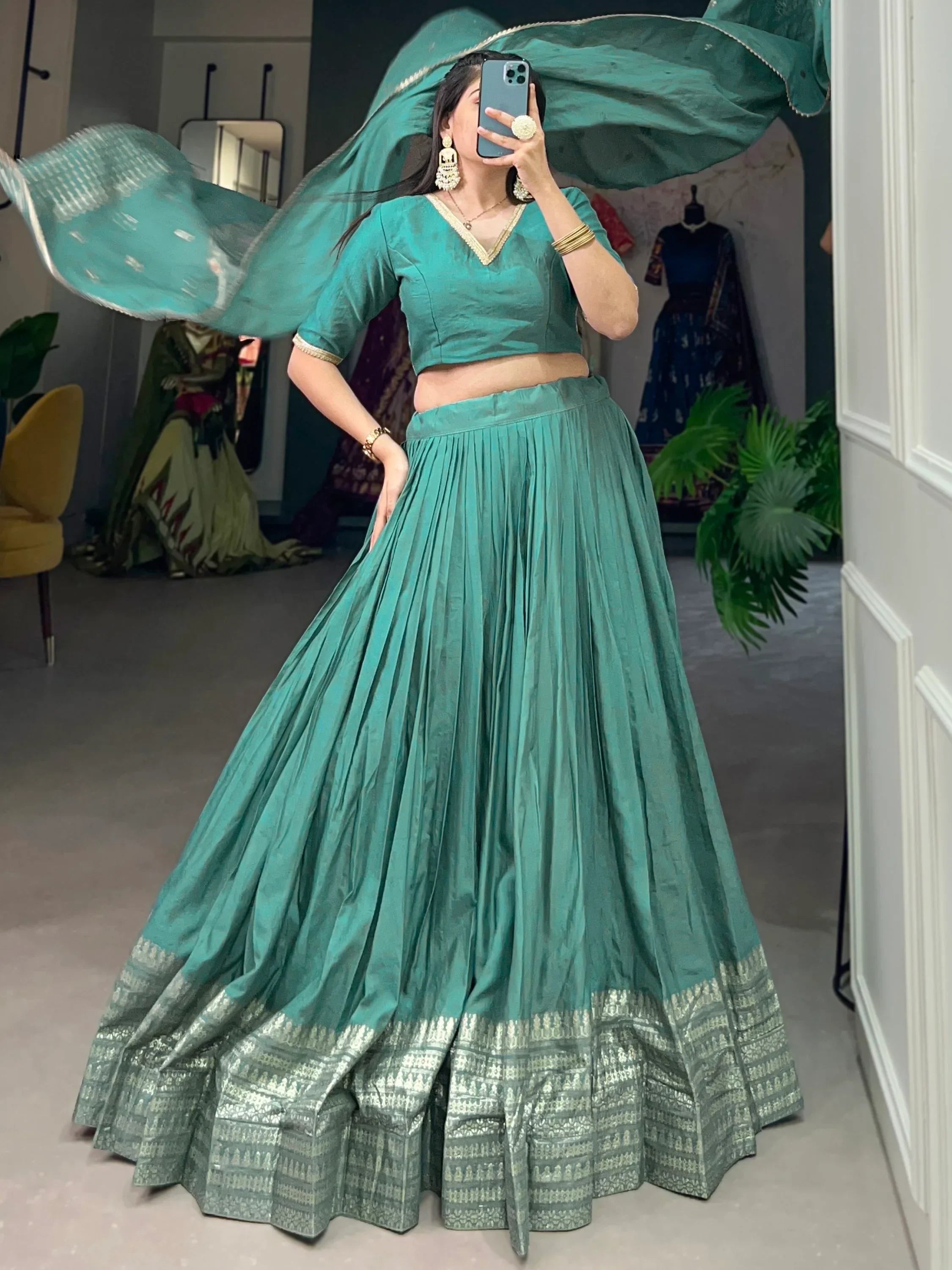 Excellent Sea Green Zari Weaving Chanderi Silk Festive Wear Lehenga Choli