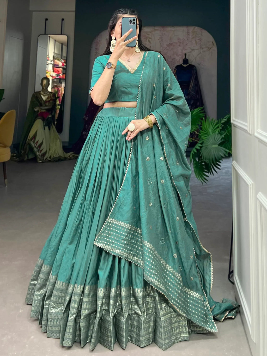Excellent Sea Green Zari Weaving Chanderi Silk Festive Wear Lehenga Choli