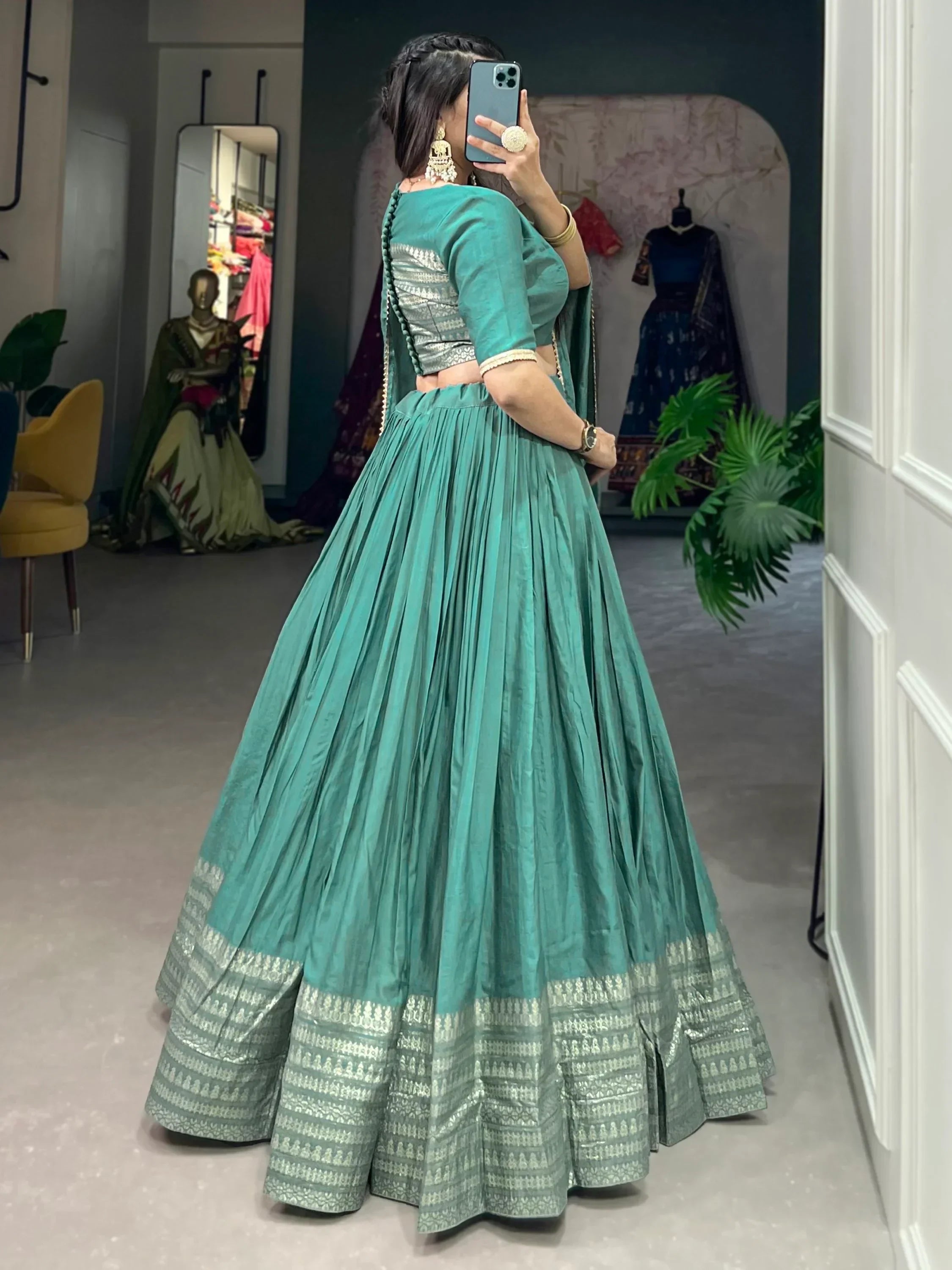Excellent Sea Green Zari Weaving Chanderi Silk Festive Wear Lehenga Choli