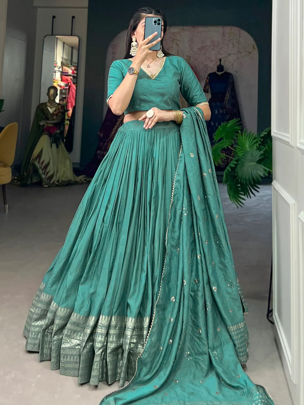 Excellent Sea Green Zari Weaving Chanderi Silk Festive Wear Lehenga Choli