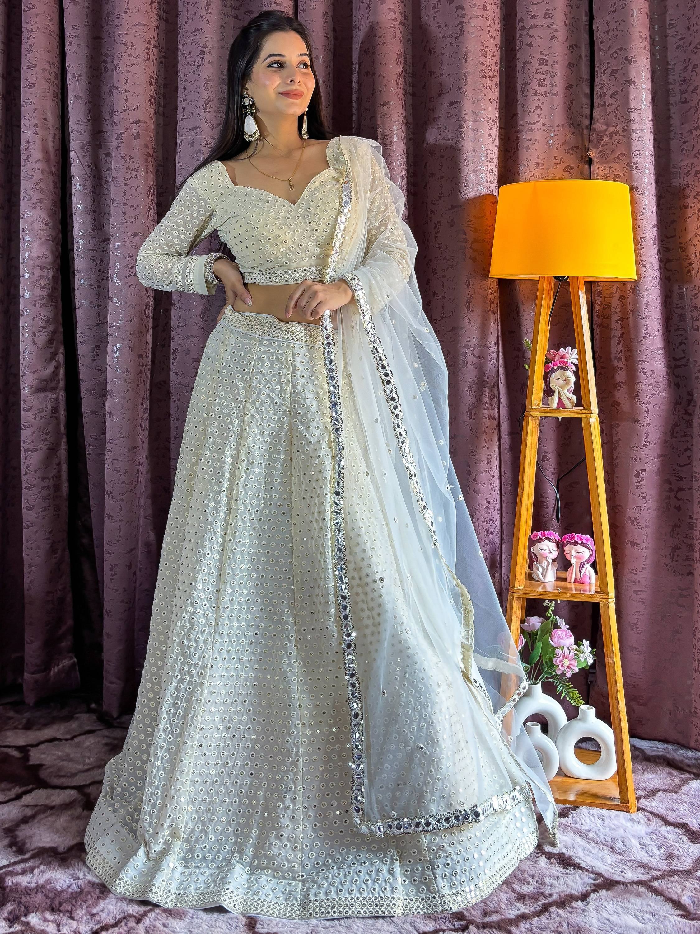 Eye-Catching Off-White Georgette Sequins Lehenga Choli With Dupatta