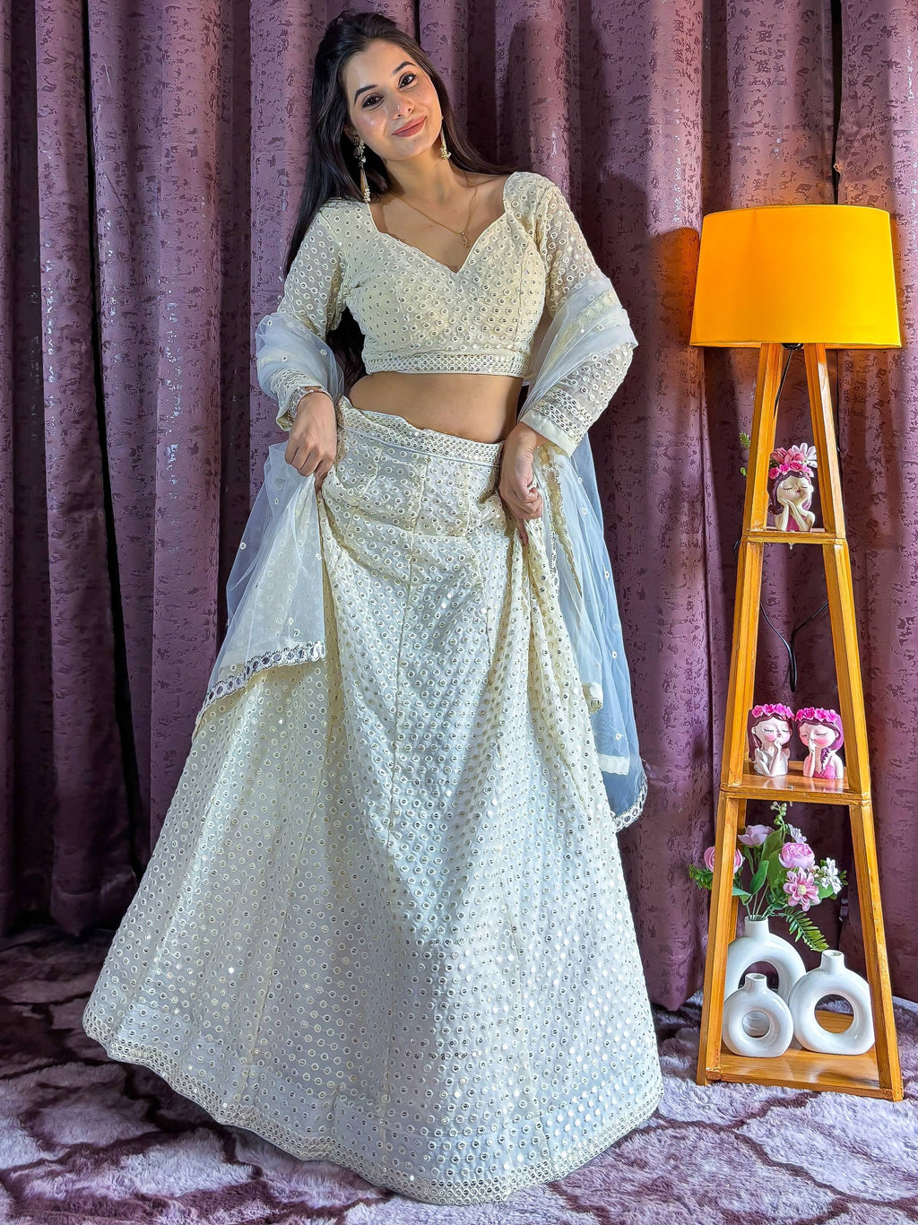 Eye-Catching Off-White Georgette Sequins Lehenga Choli With Dupatta