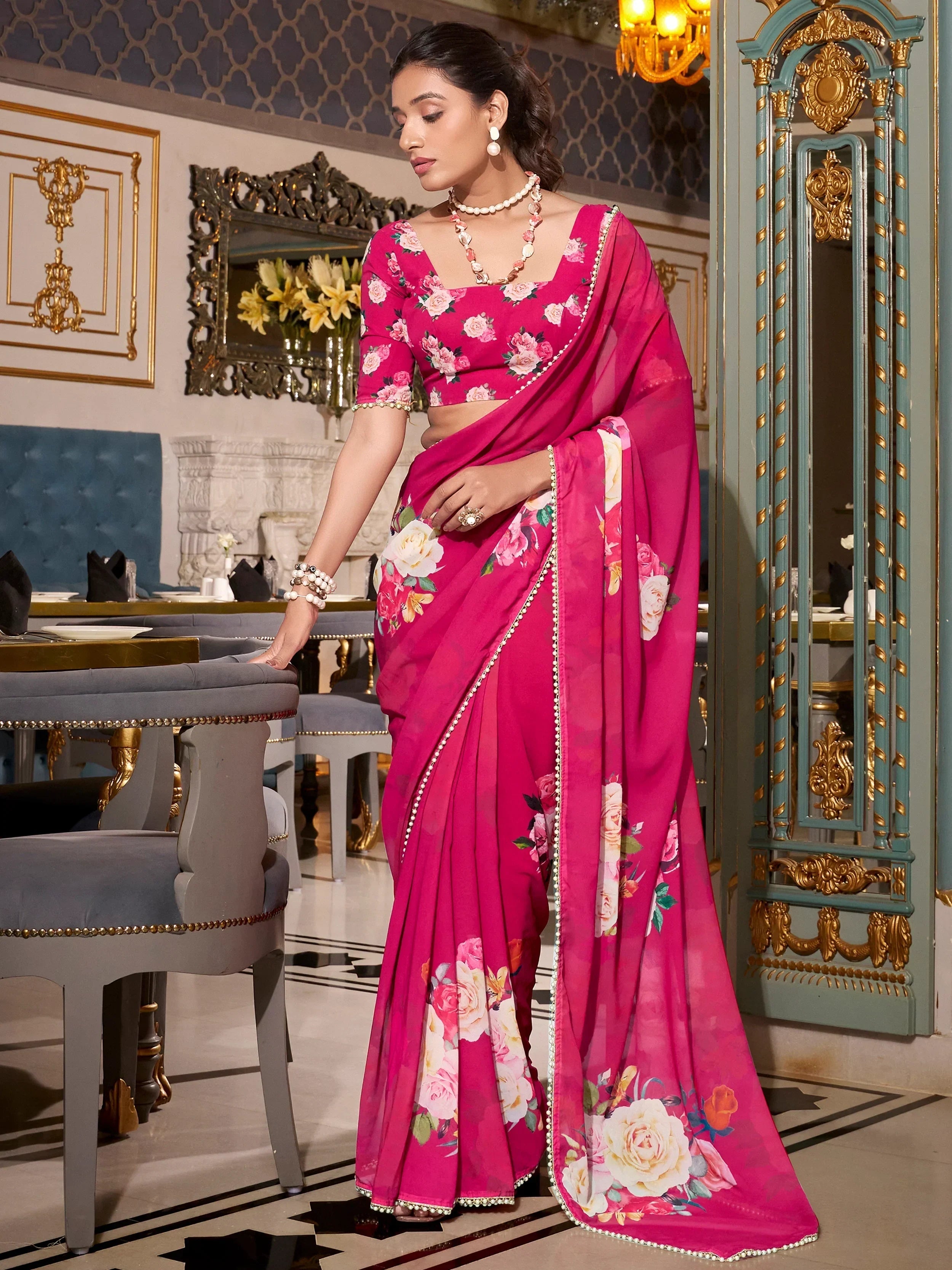 Pink Artistic Georgette Floral Printed Saree With Blouse