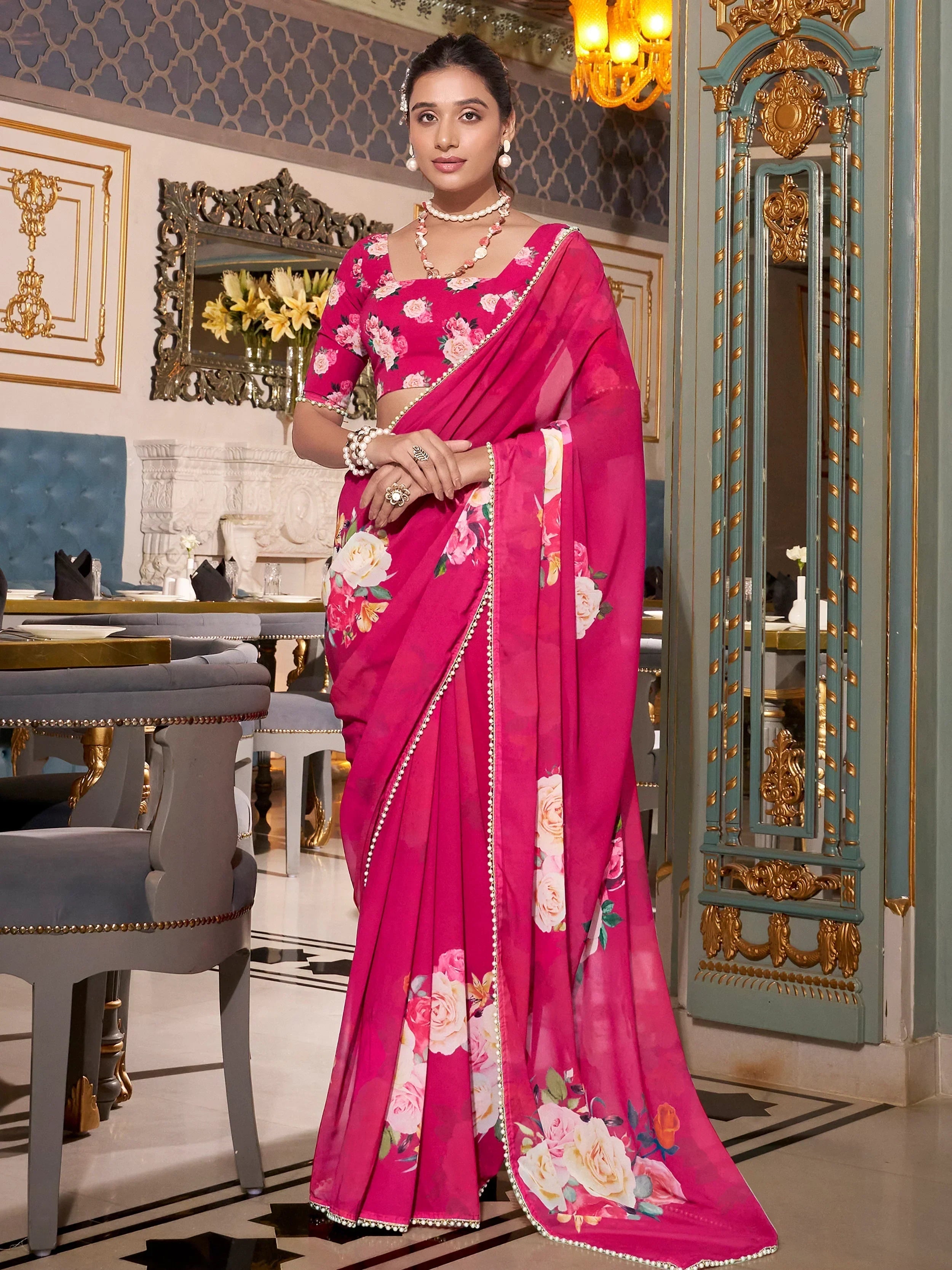Pink Artistic Georgette Floral Printed Saree With Blouse