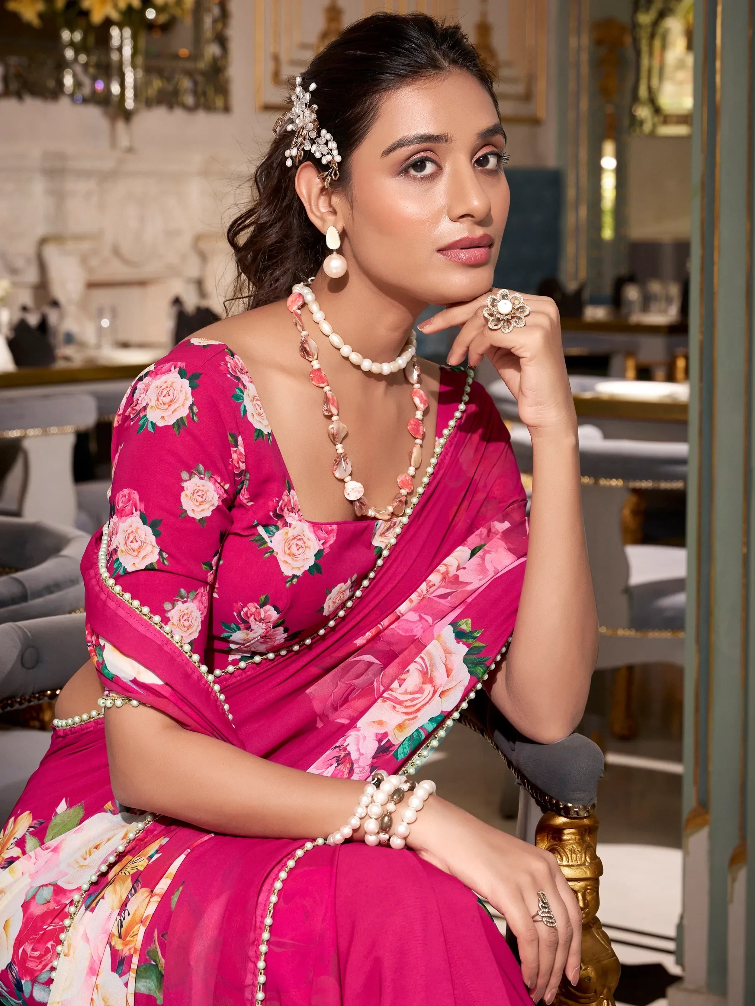 Pink Artistic Georgette Floral Printed Saree With Blouse