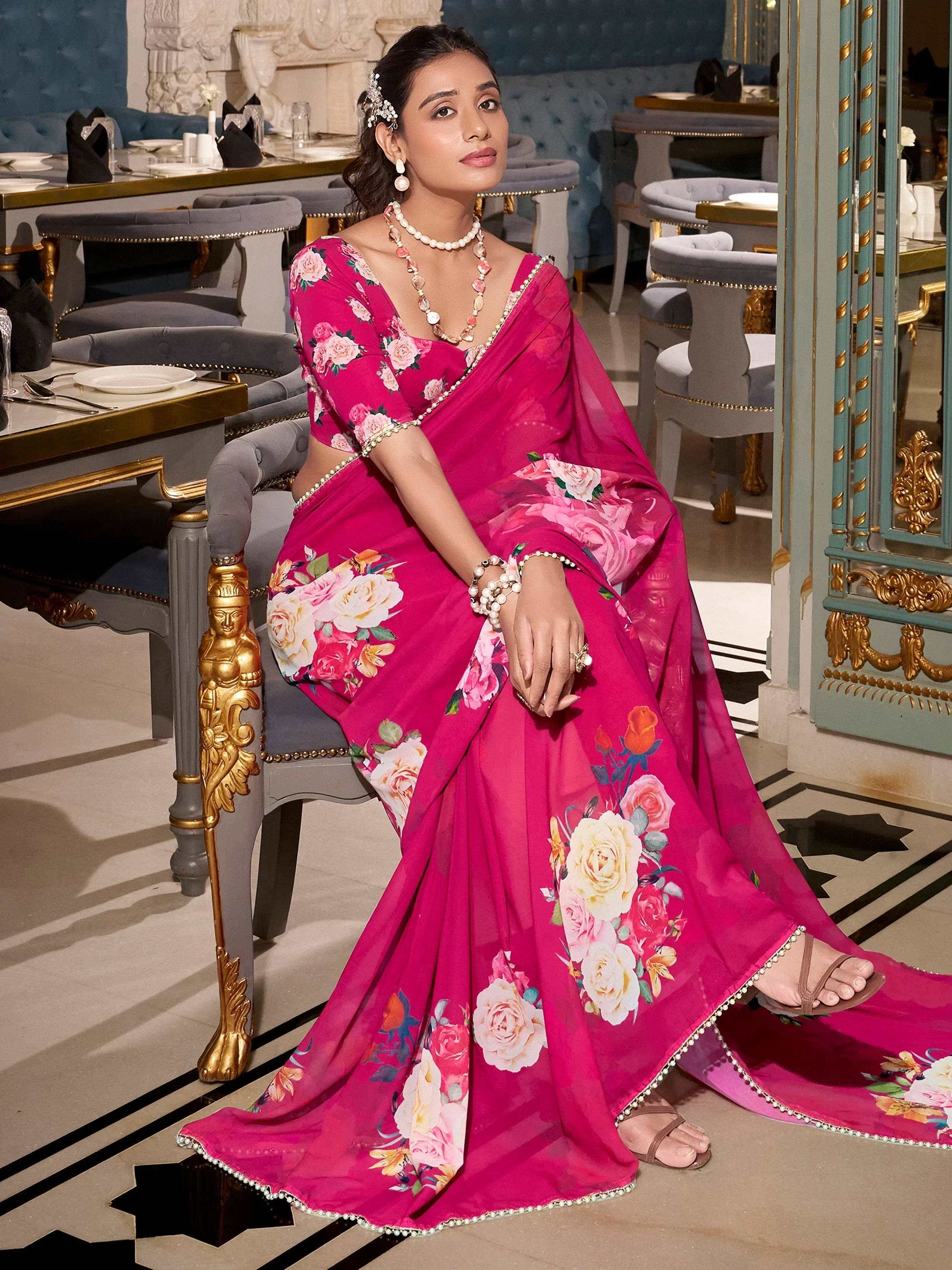 Pink Artistic Georgette Floral Printed Saree With Blouse