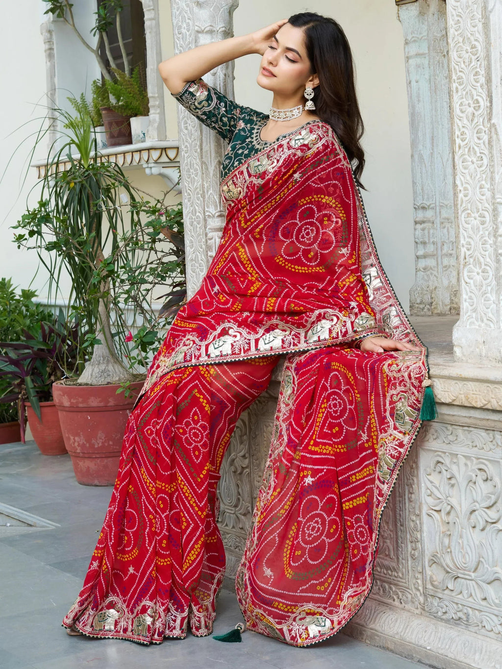Eye-Catching Red Bandhani Print Wedding Wear Saree