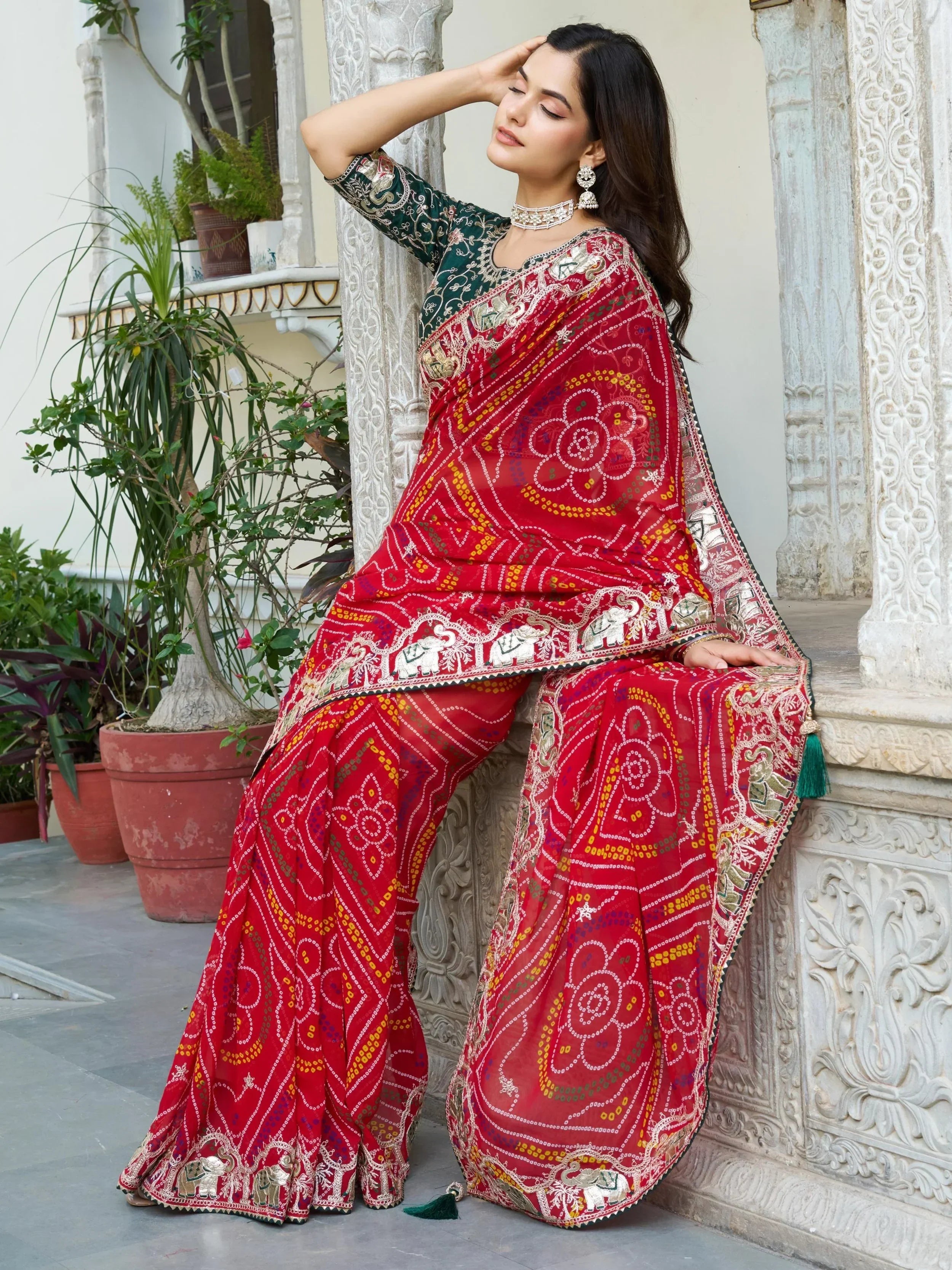 Eye-Catching Red Bandhani Print Wedding Wear Saree