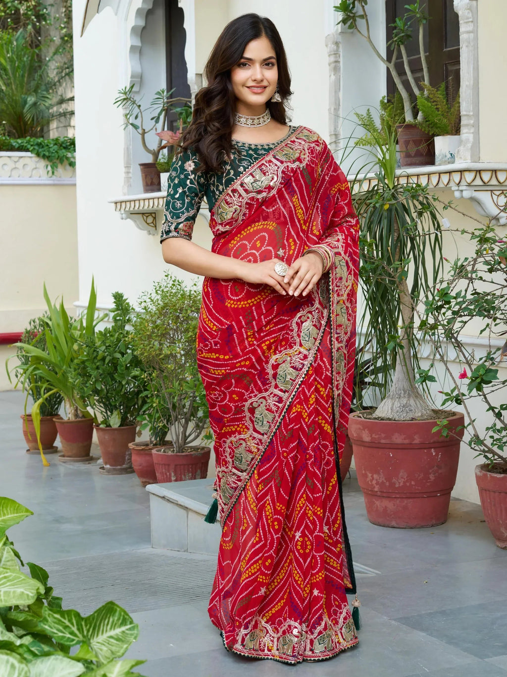 Eye-Catching Red Bandhani Print Wedding Wear Saree