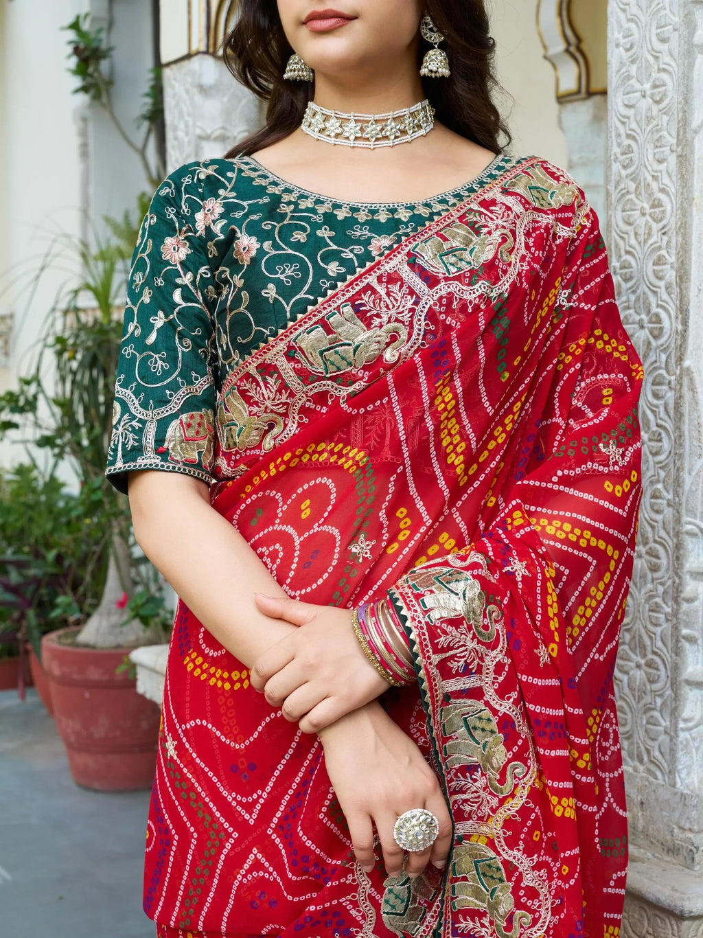 Eye-Catching Red Bandhani Print Wedding Wear Saree