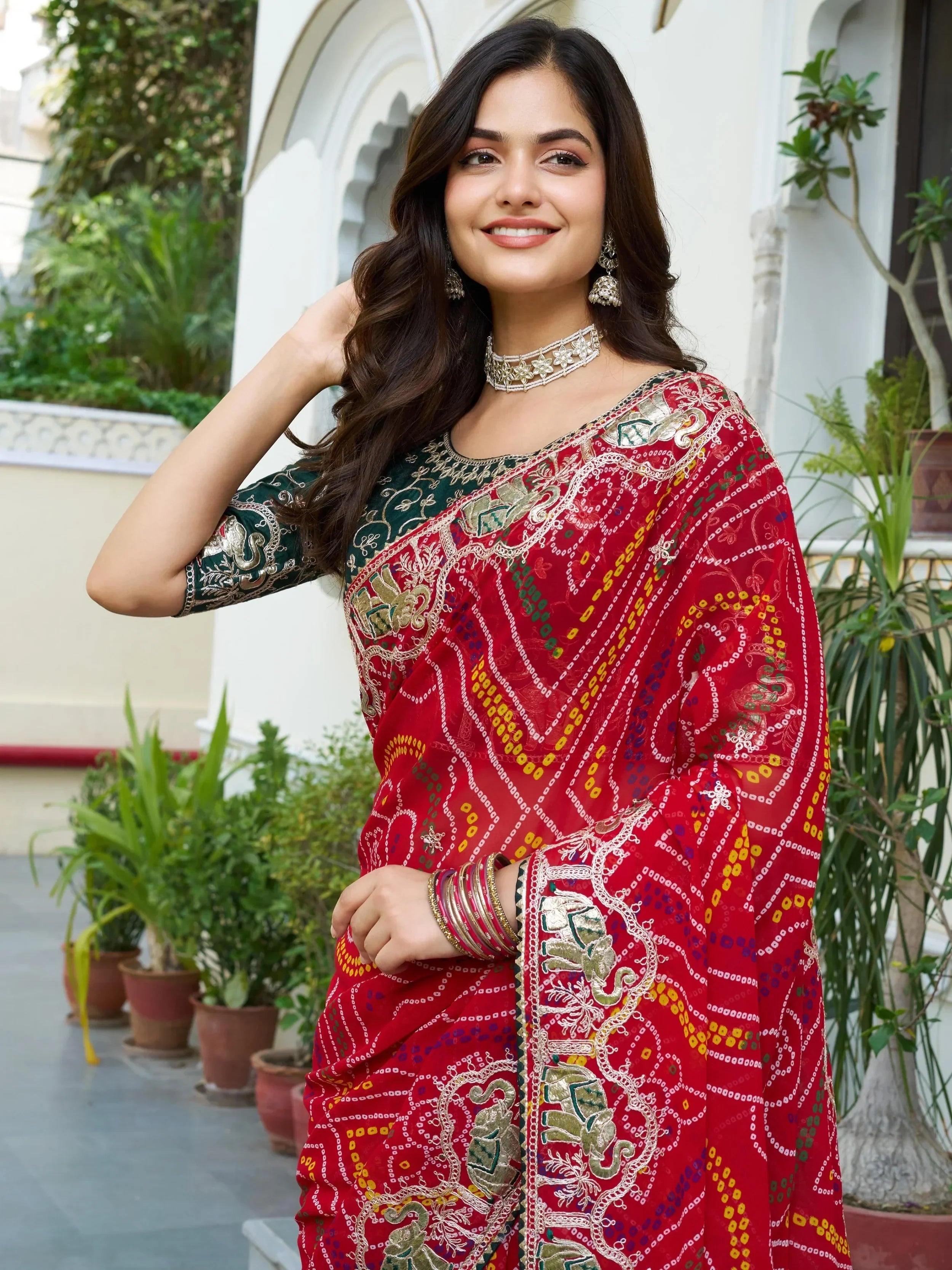 Eye-Catching Red Bandhani Print Wedding Wear Saree