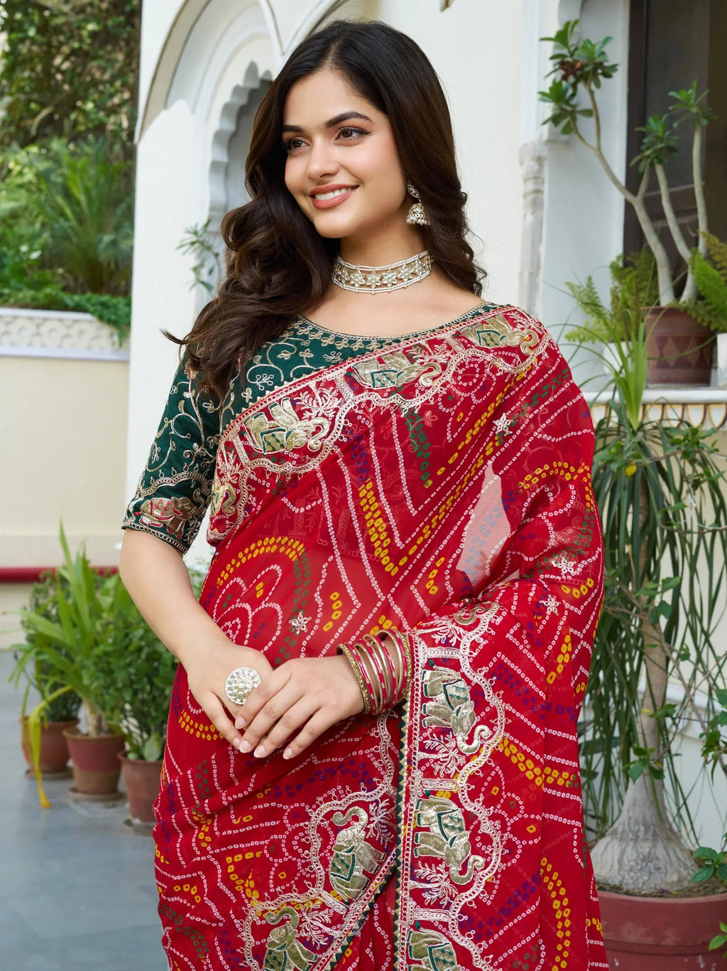 Eye-Catching Red Bandhani Print Wedding Wear Saree