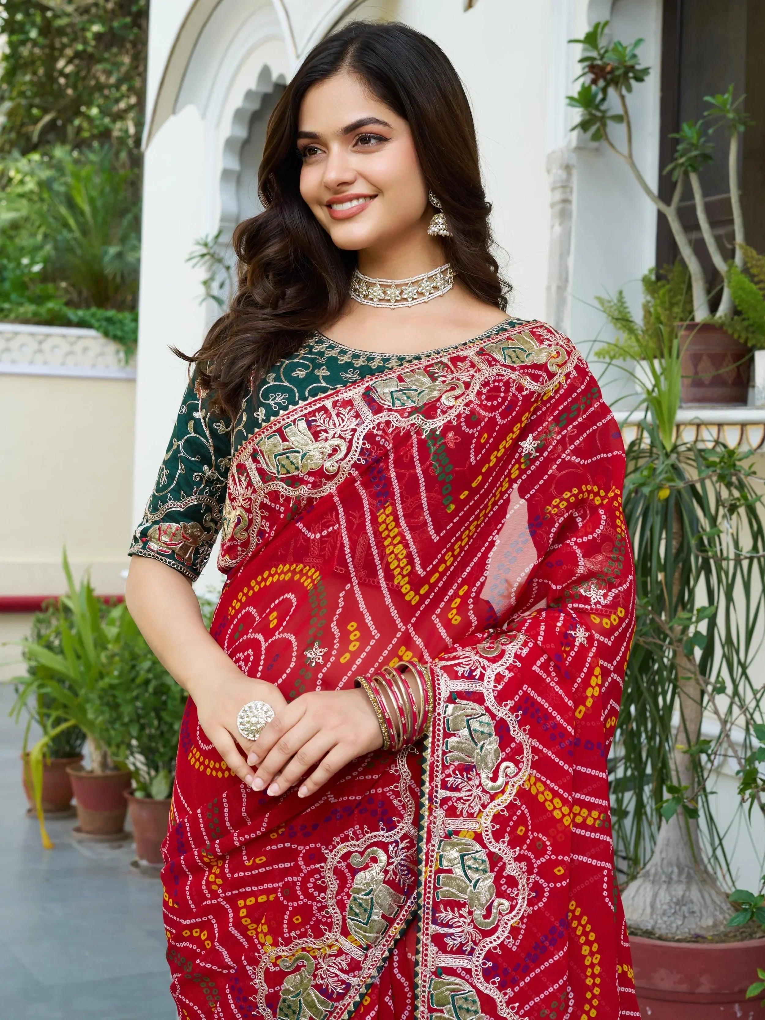 Eye-Catching Red Bandhani Print Wedding Wear Saree