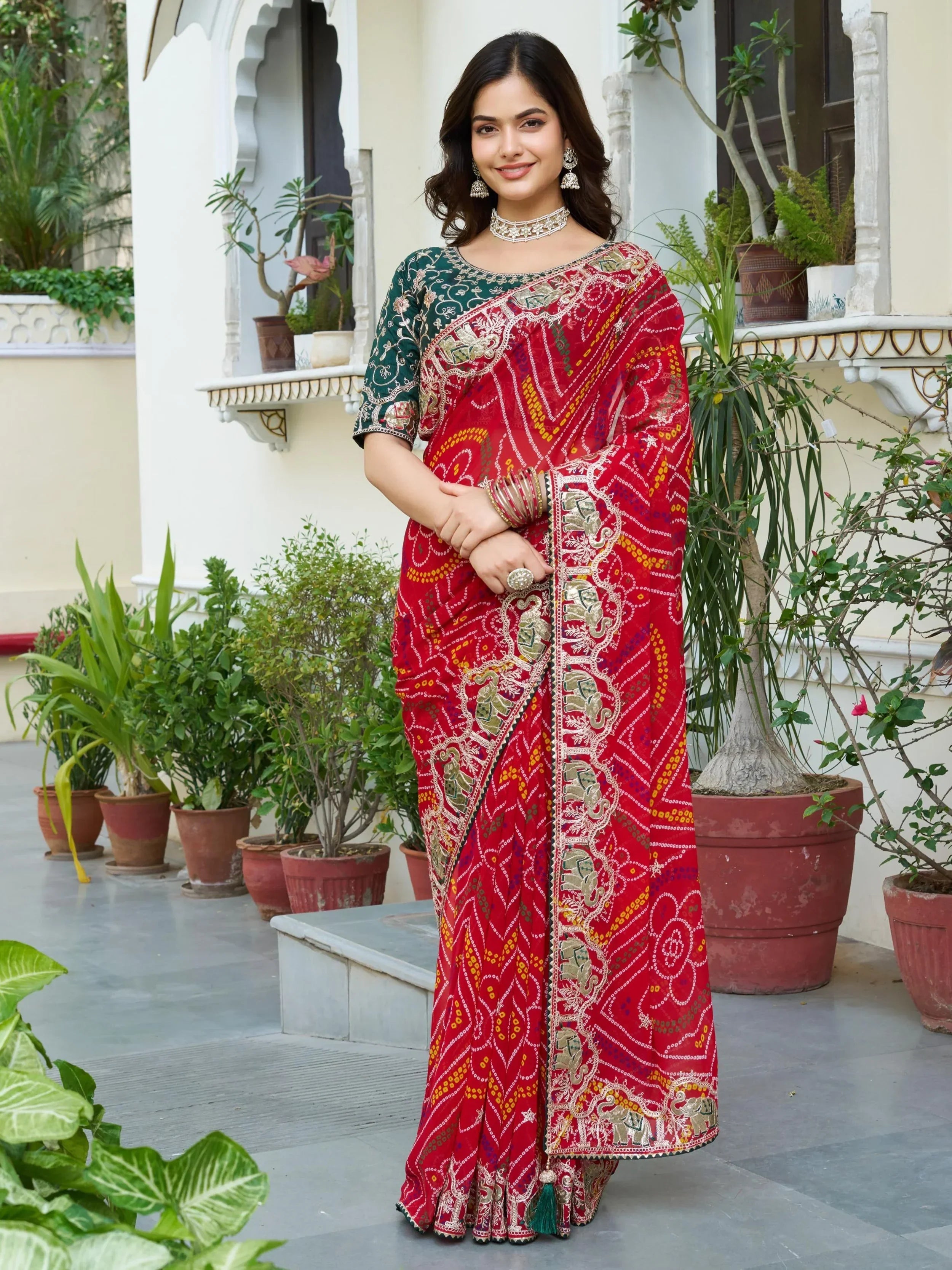 Eye-Catching Red Bandhani Print Wedding Wear Saree