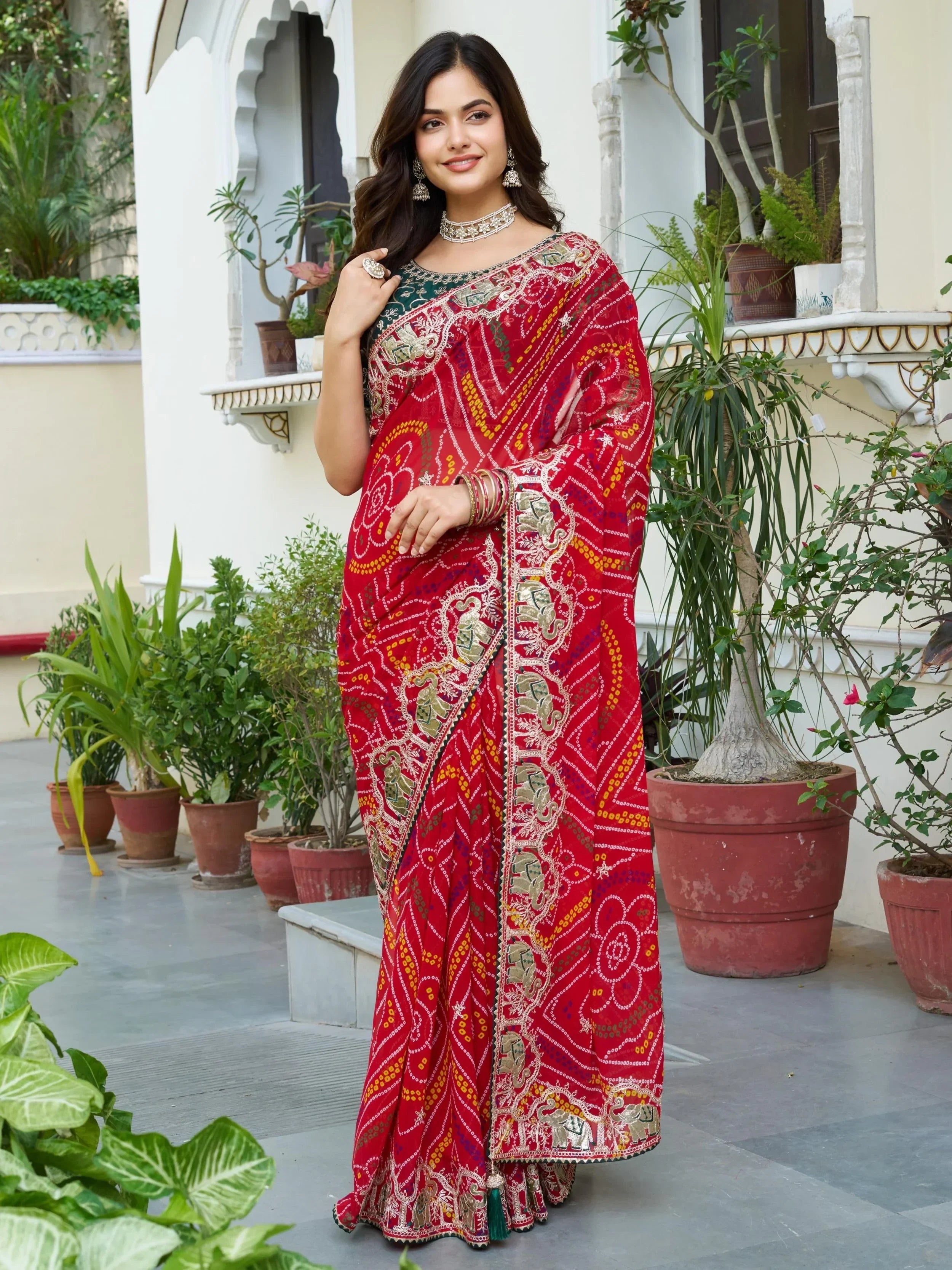 Eye-Catching Red Bandhani Print Wedding Wear Saree
