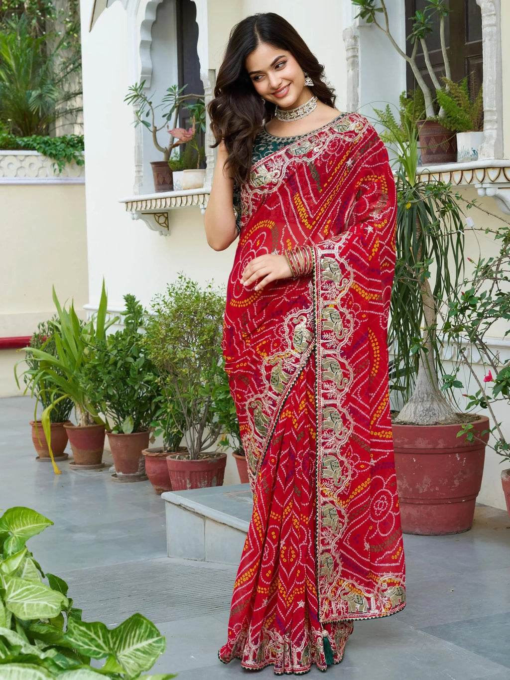 Eye-Catching Red Bandhani Print Wedding Wear Saree