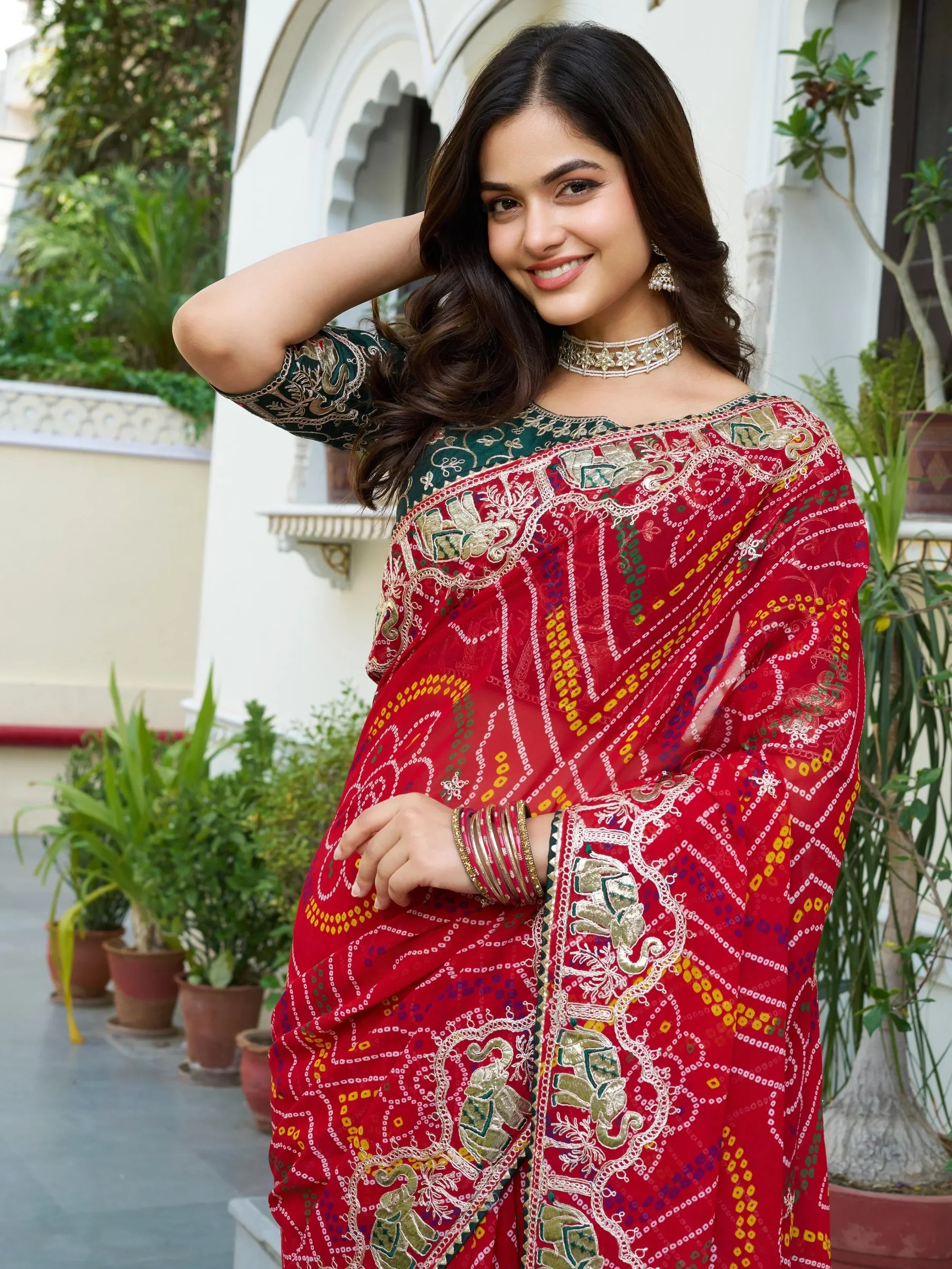 Eye-Catching Red Bandhani Print Wedding Wear Saree