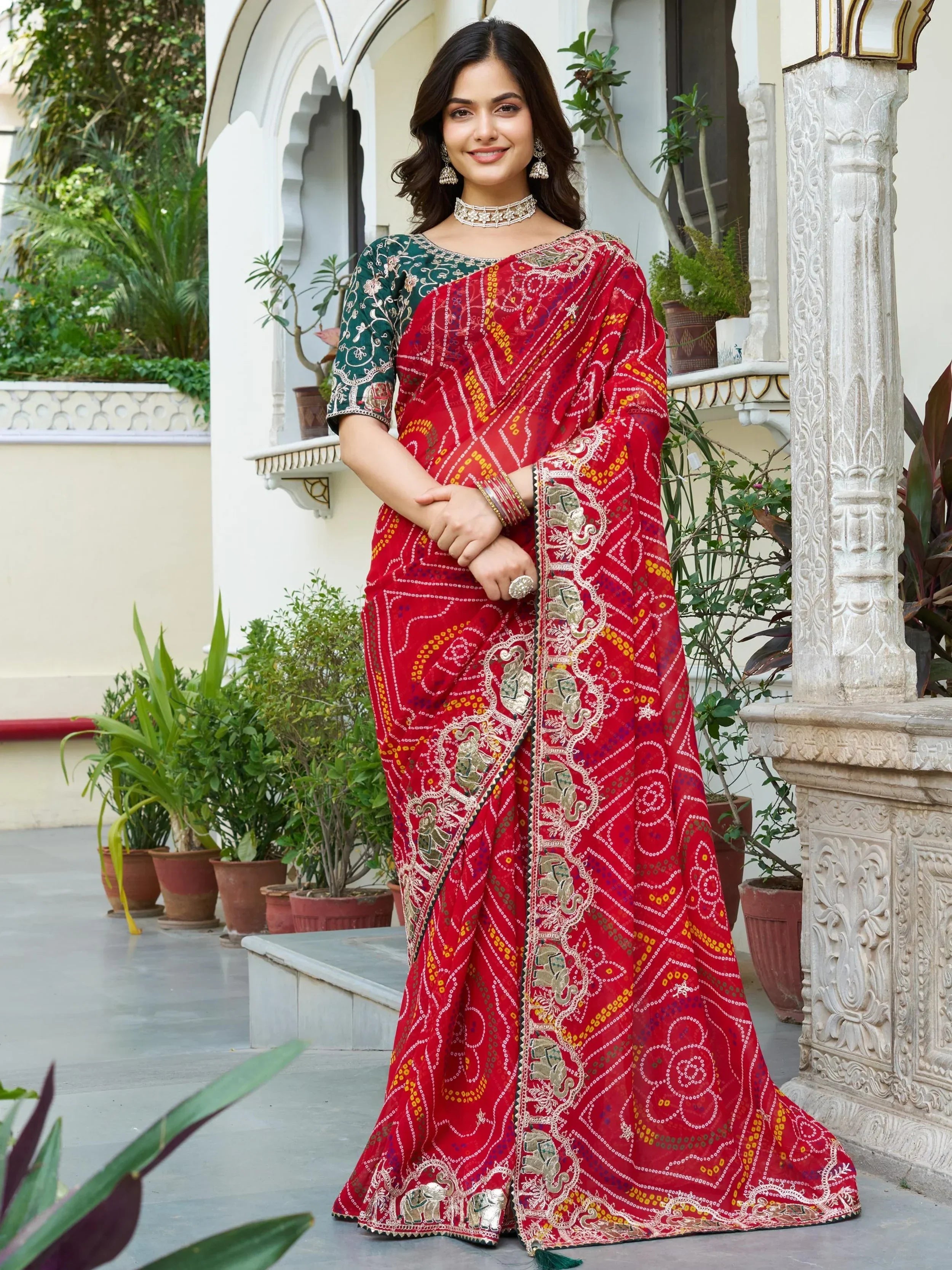 Eye-Catching Red Bandhani Print Wedding Wear Saree