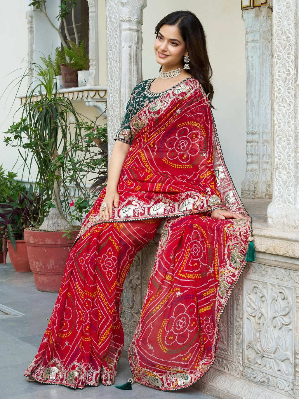 Eye-Catching Red Bandhani Print Wedding Wear Saree