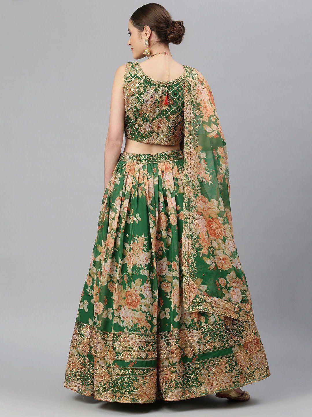 Green & Peach-Coloured Embellished Sequinned Semi-Stitched Myntra Lehenga & Unstitched Blouse