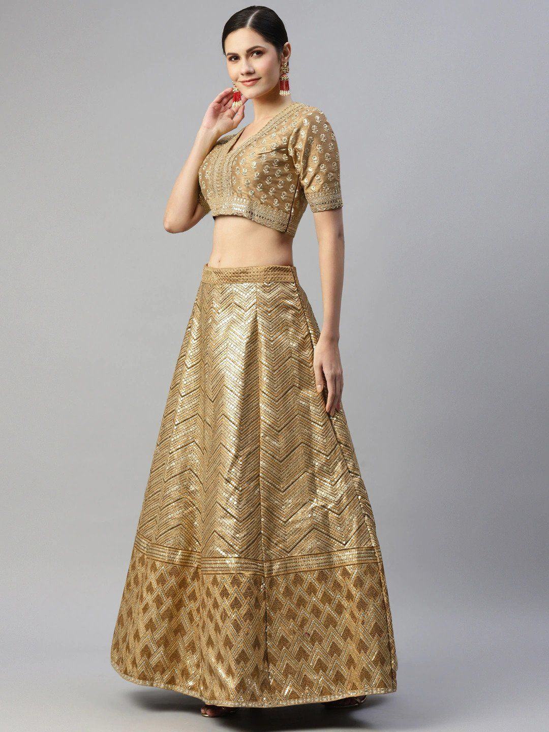 Beige Sequins Embroidered Slub Silk Bridal Wear Lehenga Choli