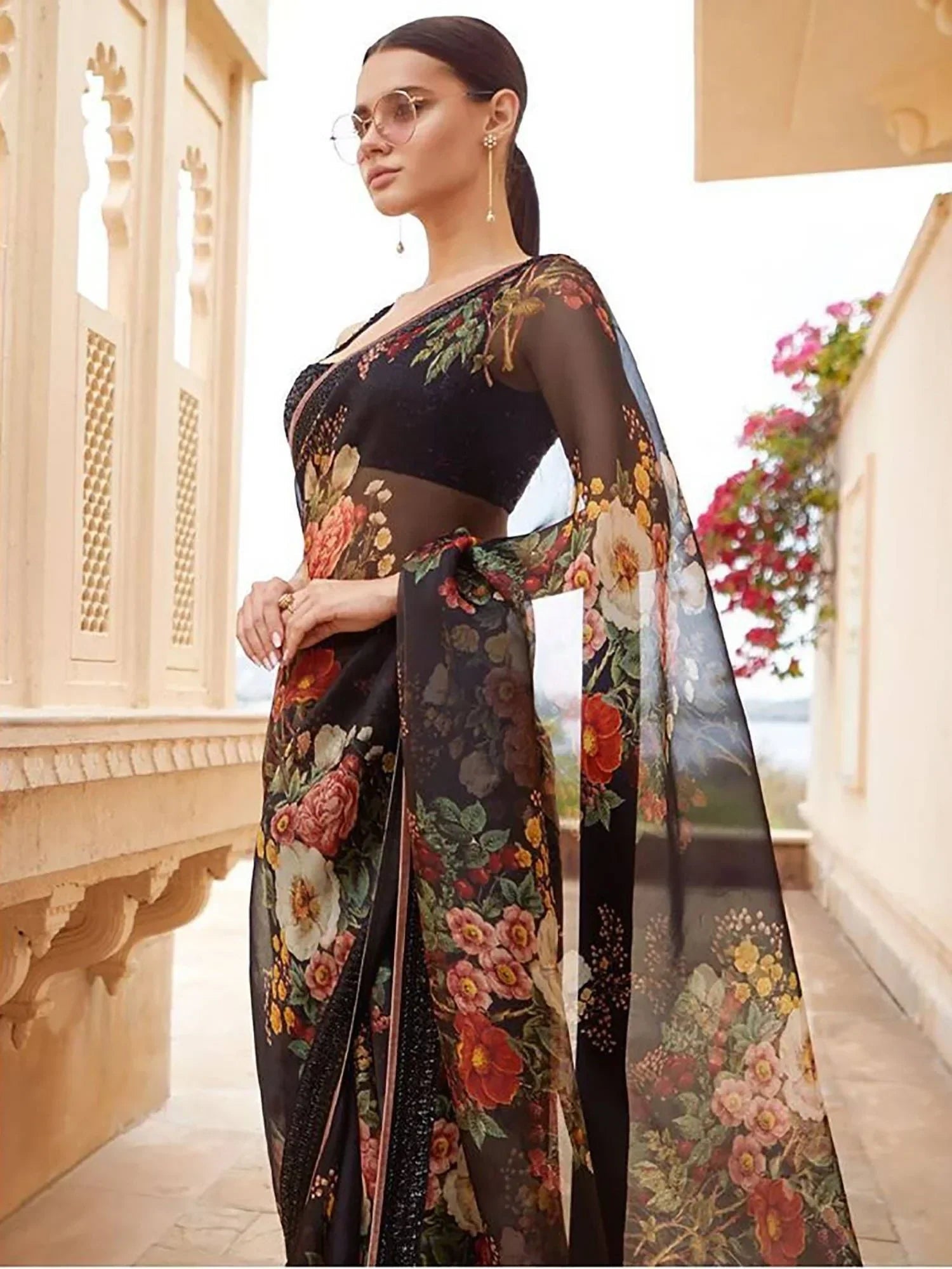 Black Sabyasachi Floral Organza Party Wear Saree