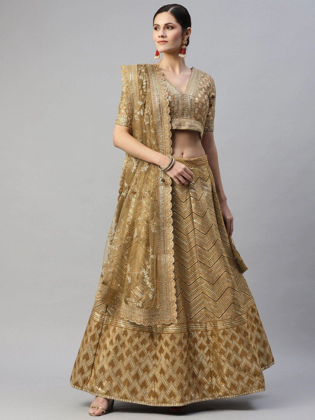 Beige Sequins Embroidered Slub Silk Bridal Wear Lehenga Choli