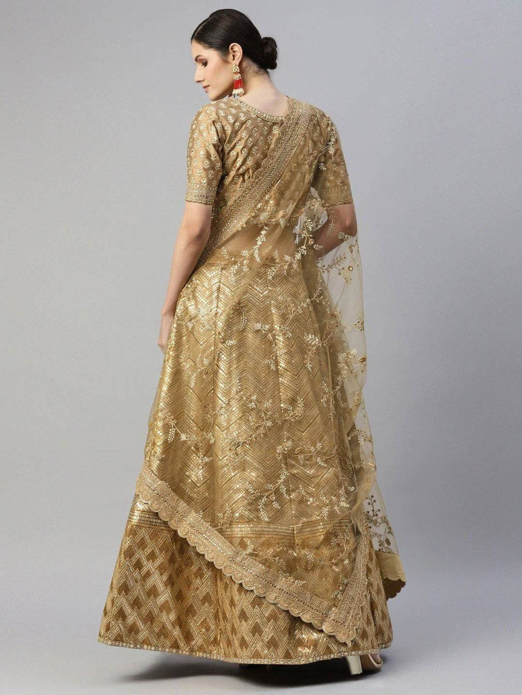 Beige Sequins Embroidered Slub Silk Bridal Wear Lehenga Choli