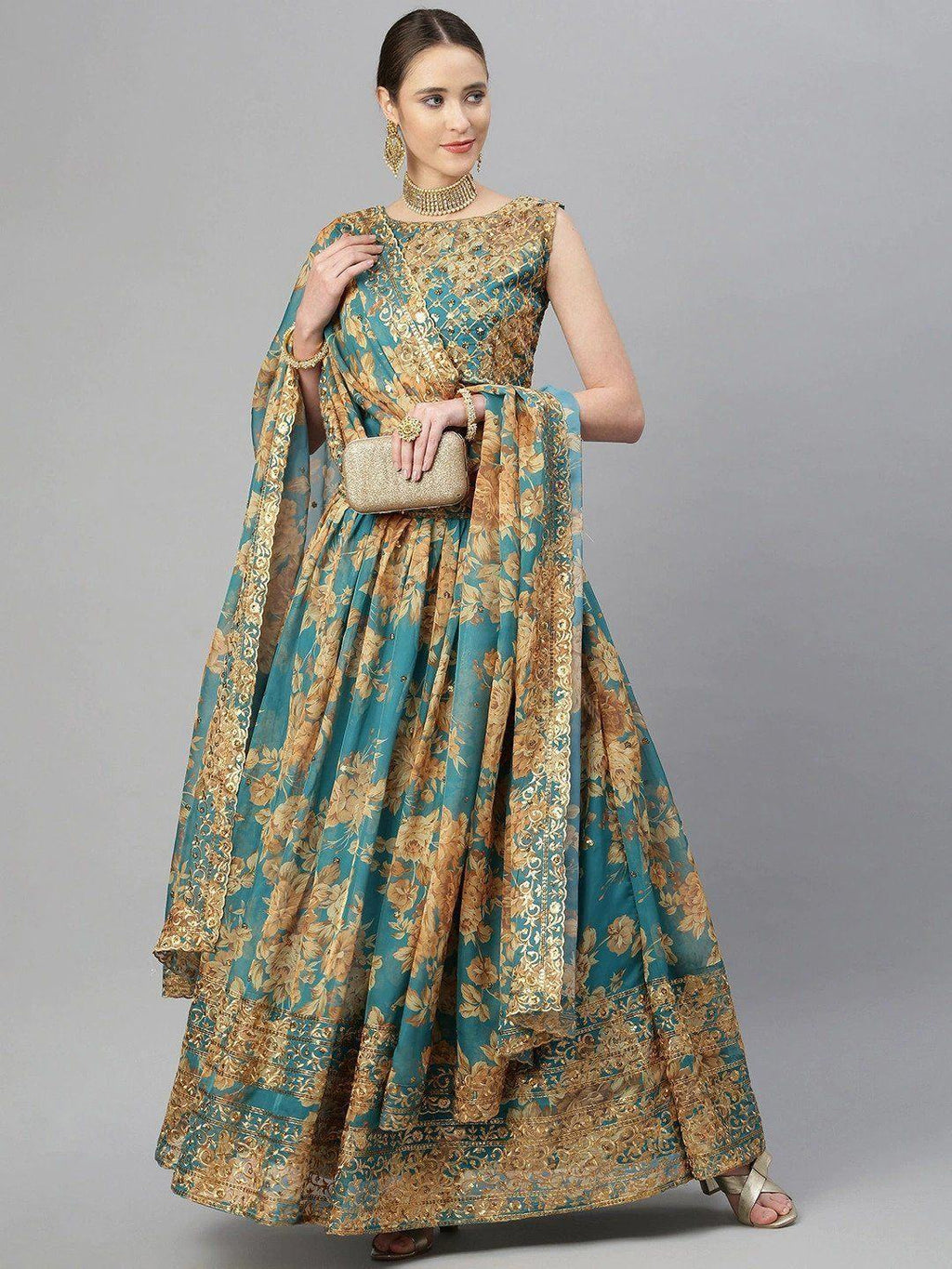 Teal & Peach-Coloured Embellished Sequinned Semi-Stitched Myntra Lehenga & Unstitched Blouse