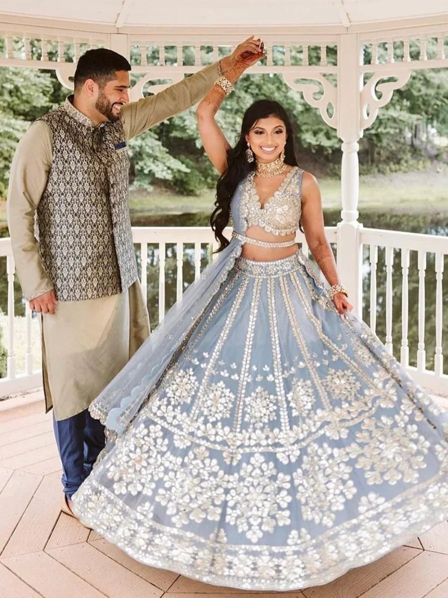 Gorgeous Sky Blue Zari Work Net Wedding Wear Lehenga Choli
