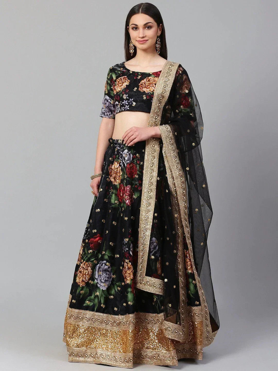 Black & Printed Semi-Stitched Myntra Lehenga & Unstitched Blouse with Dupatta
