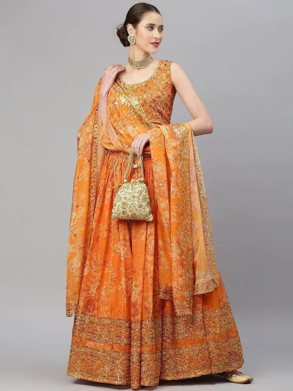 Orange & Gold-Toned Embellished Sequinned Semi-Stitched Myntra Lehenga & Unstitched Blouse