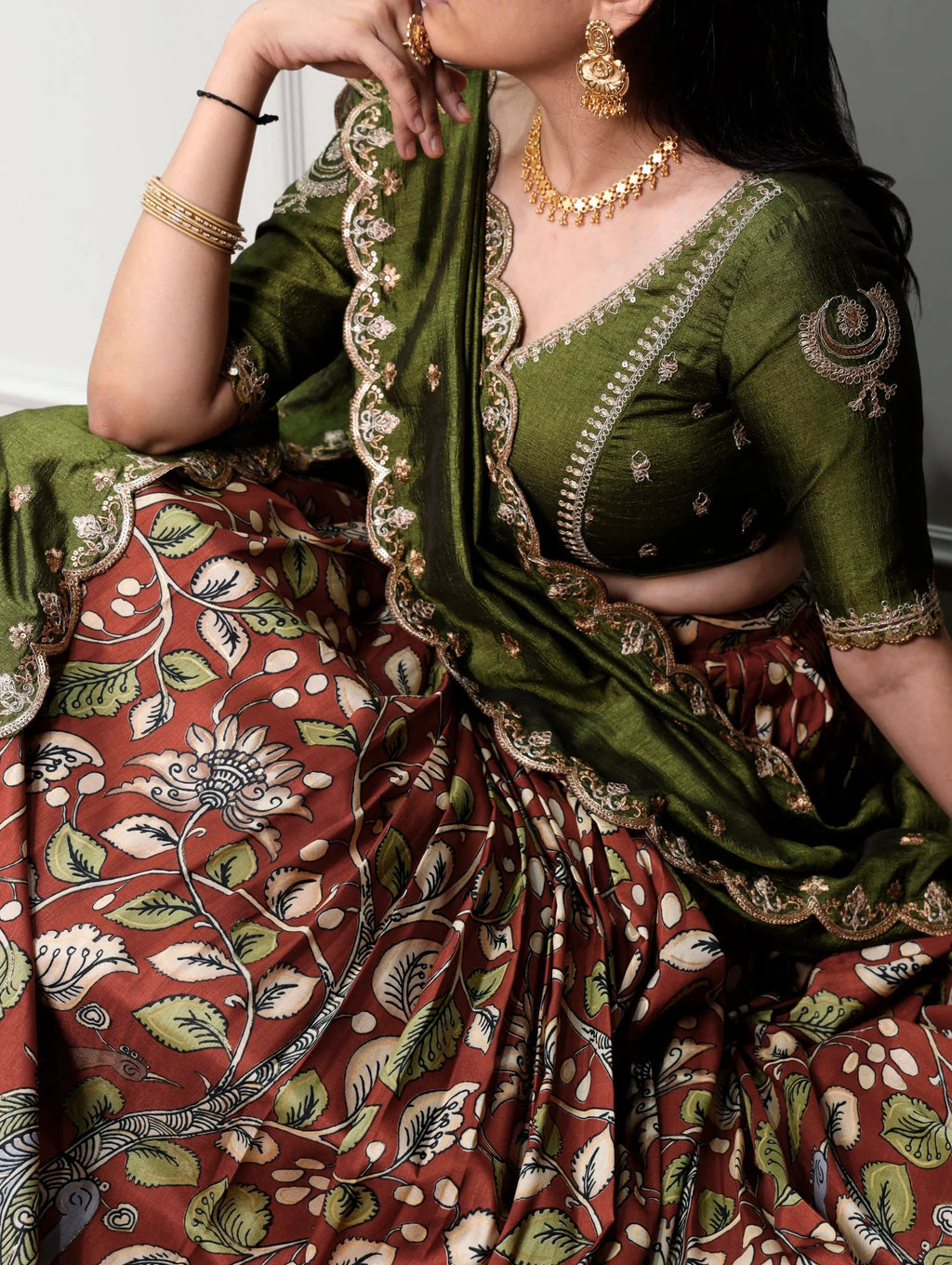 Rust Alluring Kalamkari Printed Silk Festive Wear Half Saree Lehenga
