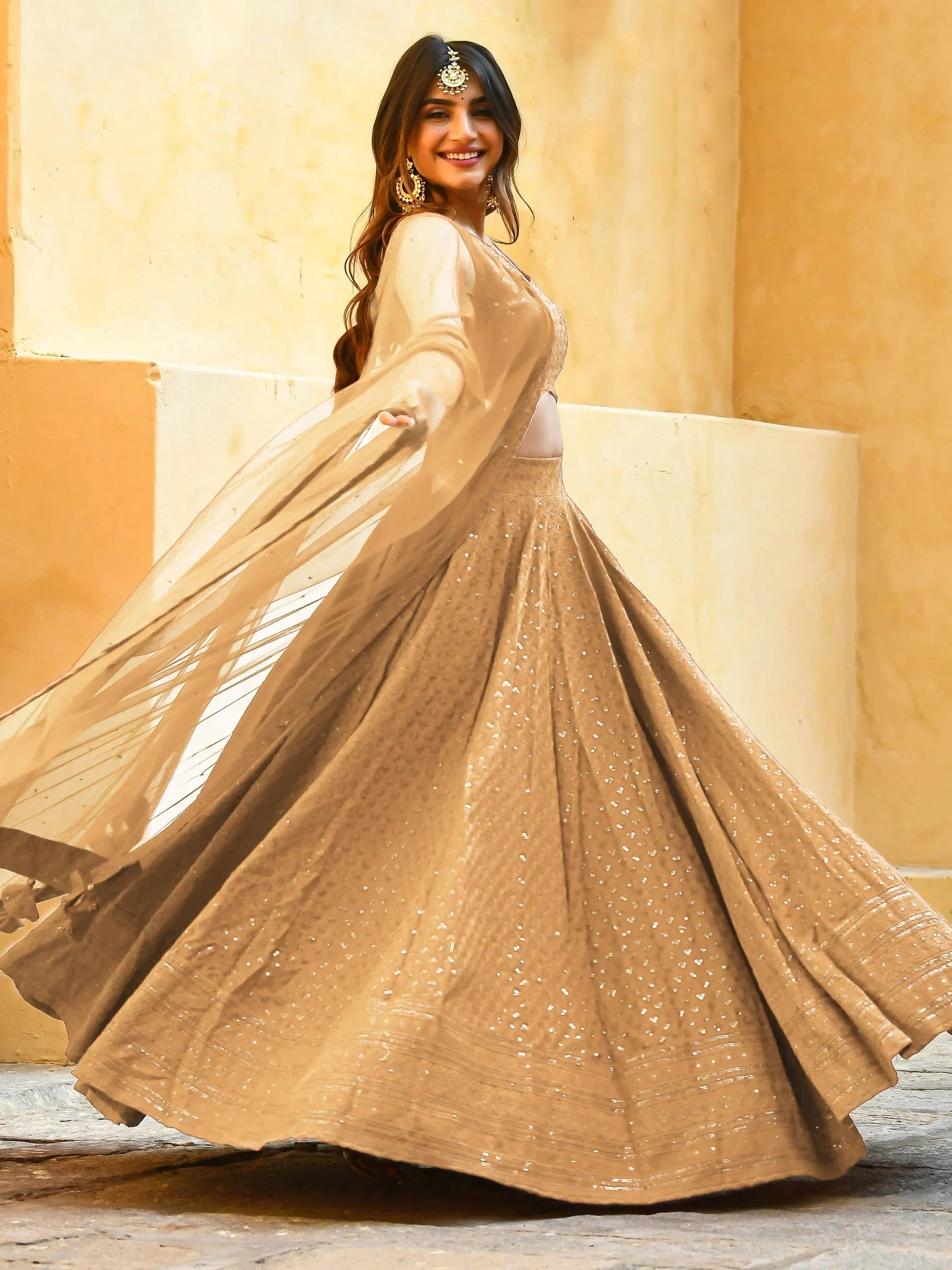 Beige Sweet Sequins Georgette Reception Wear Lehenga Choli