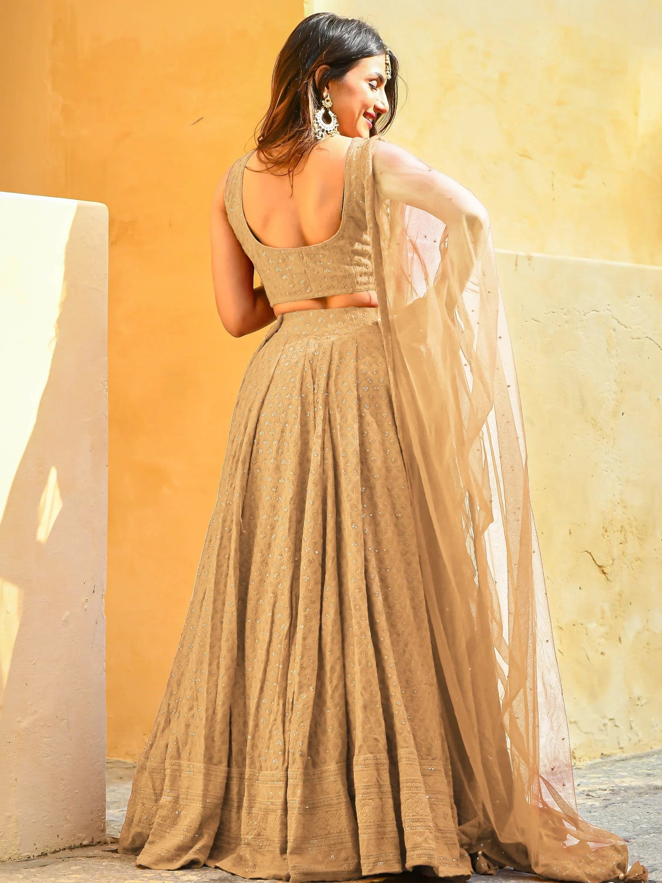Beige Sweet Sequins Georgette Reception Wear Lehenga Choli